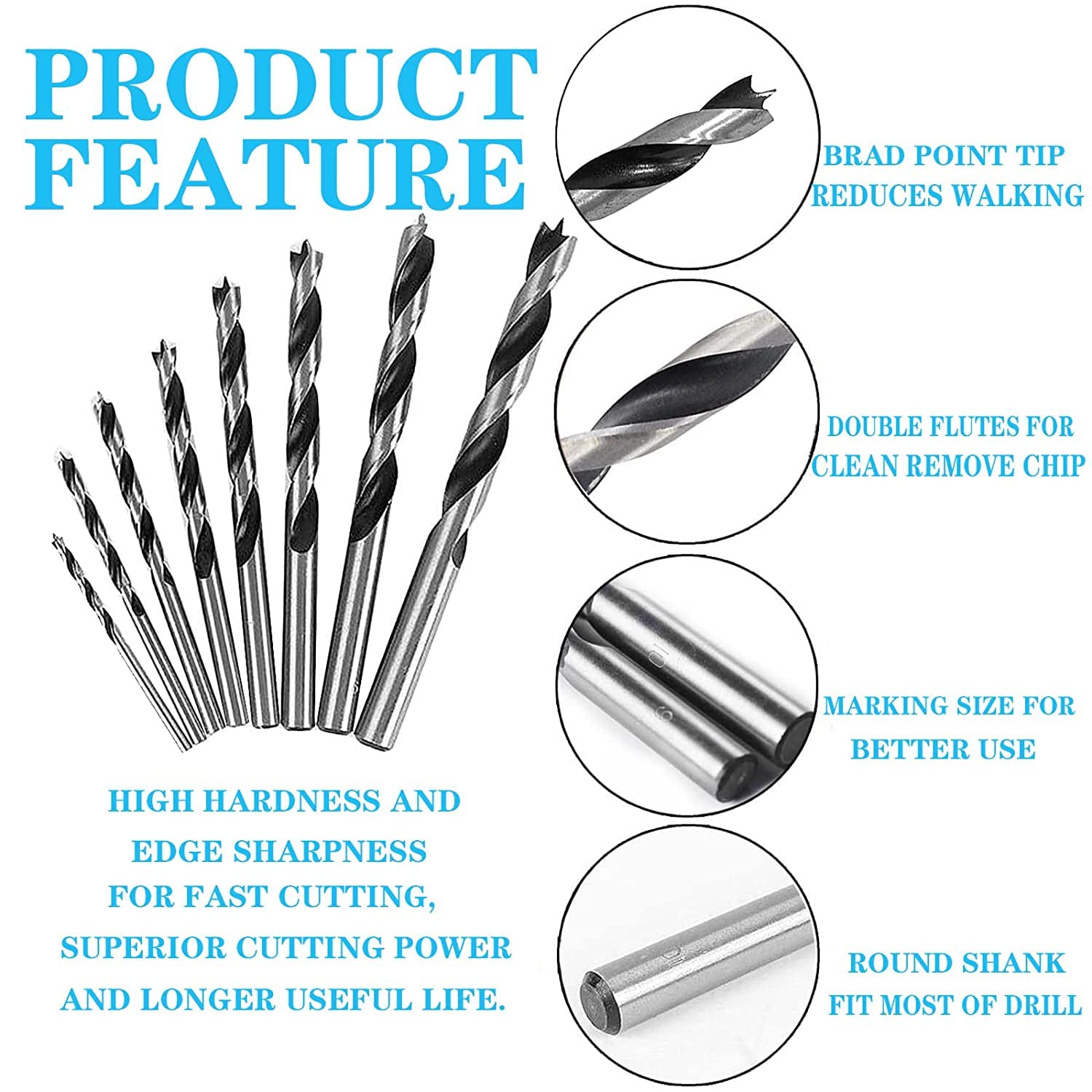 8 brocas de punta Brad, juego de brocas de madera helicoidal de 3 a 10 mm para carpintería, madera blanda y madera laminada MDF