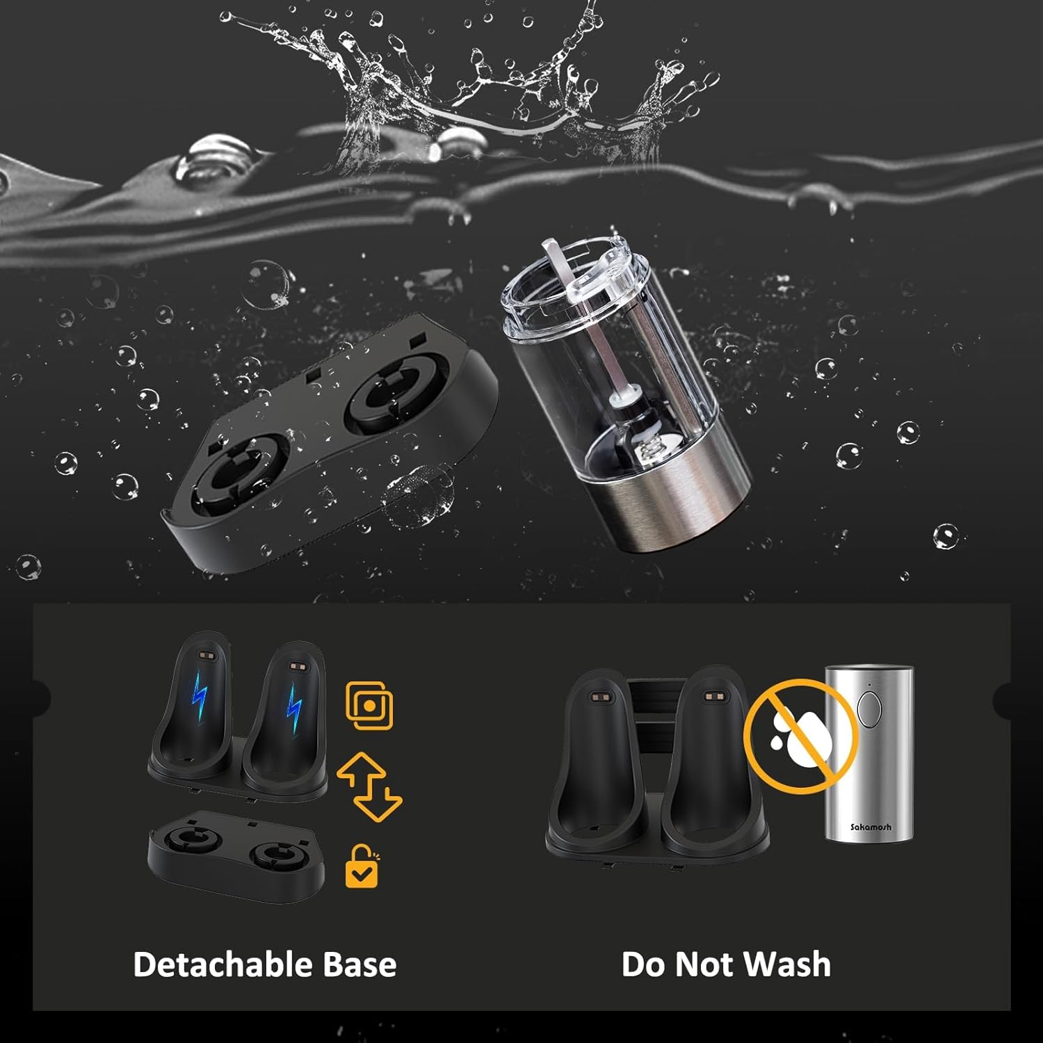 Electric Salt and Pepper Grinder Set, USB Charging Base, Upgraded 95ml Large Capacity, 6 Adjustable Coarseness, LED Light, One-handed Stainless Steel Automatic Pepper Mills