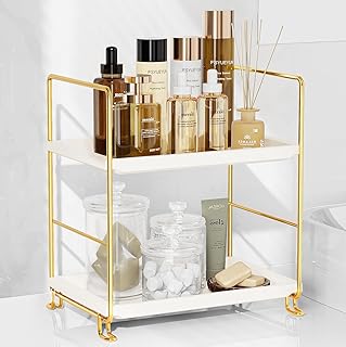 FSyueyun 2-Tier Bathroom Countertop Organizer, Tool-Less Installation Premium Plastics Makeup Shelf Organizer Perfume Skincare for Dresser Vanity Tray Organizers and Storage (Gold) - Buy now