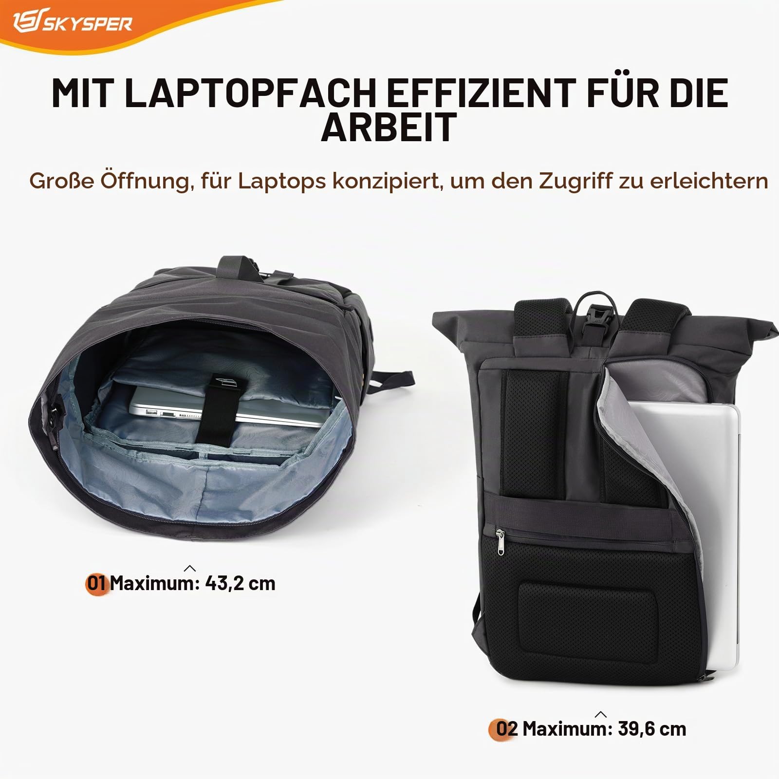 SKYSPER Rolltop Rucksack für Herren Damen mit Laptopfach Reiserucksack für Fahrrad Uni Arbeit Unisex Laptop Backpack Schulrucksack