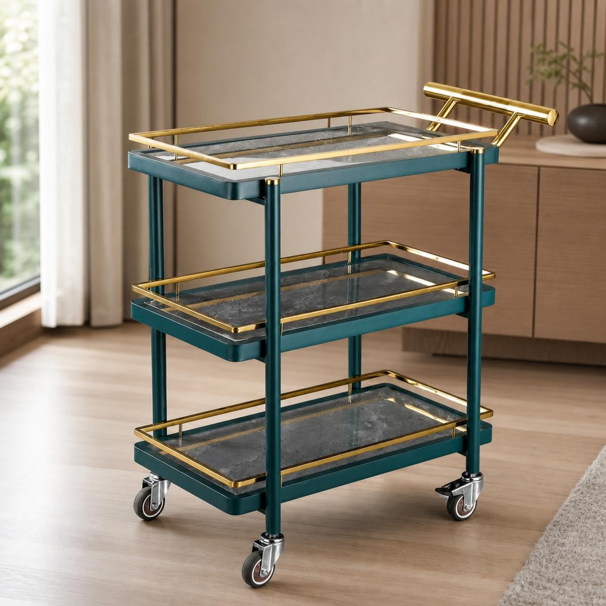 Carrito Auxiliar con Ruedas Silenciosas, Camarera Servicio 3 Niveles, Mueble y Vidrio, Verde Oscuro