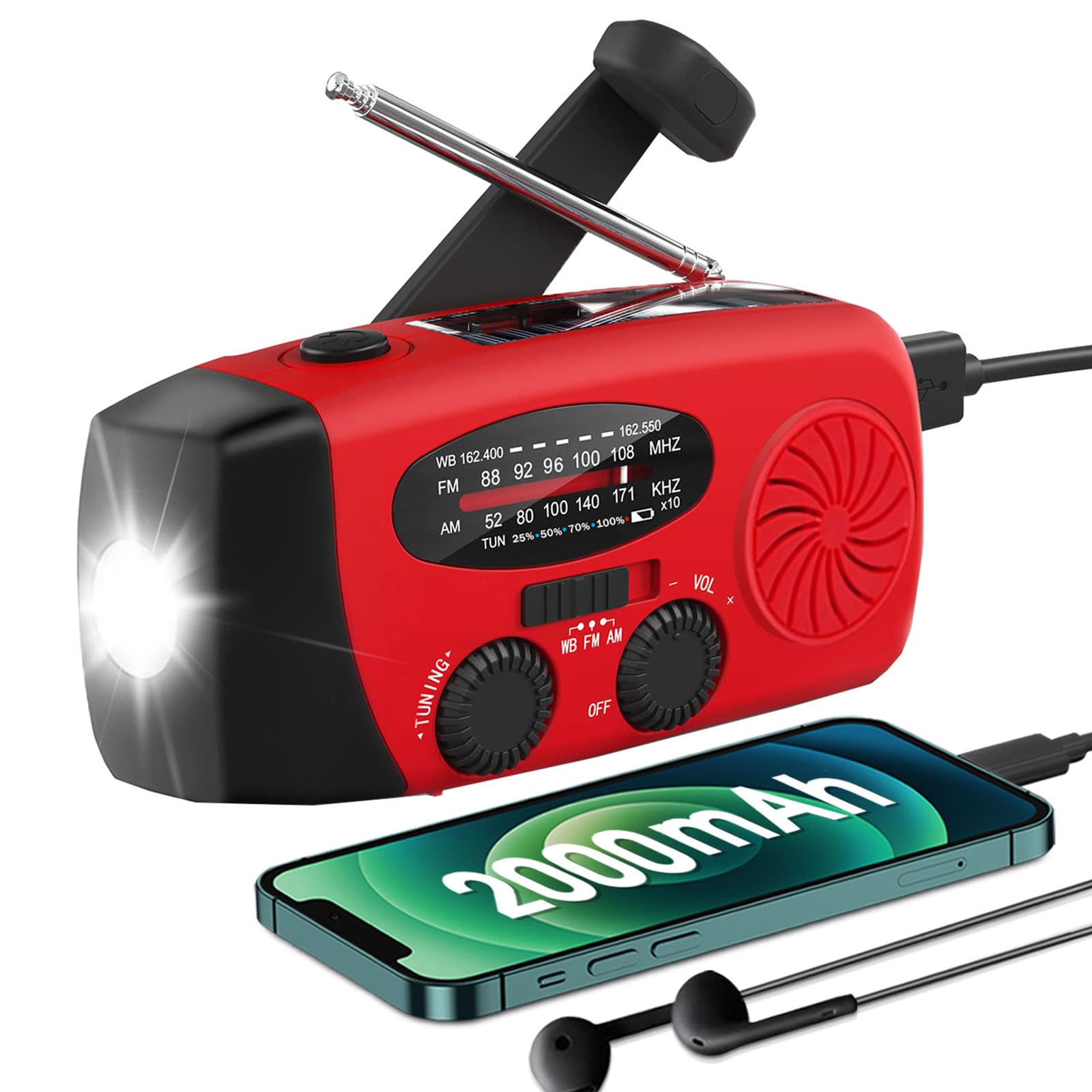 Emergency Solar Hand Crank Dynamo NOAA WB AM/FM Radio Hurricane Camping Survive Kit with 3-LED Flashlight 2000mAh 088FS Portable radios