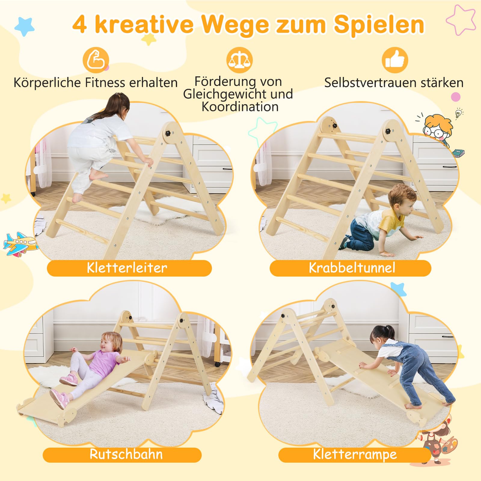 COSTWAY Kletterdreieck mit Rutsche, Sprossendreieck Holz klappbar & höhenverstellbar, inkl. doppelseitige Rampe, zum Klettern & Rutschen, Klettergerüst Indoor ab 1 Jahr (Natur)