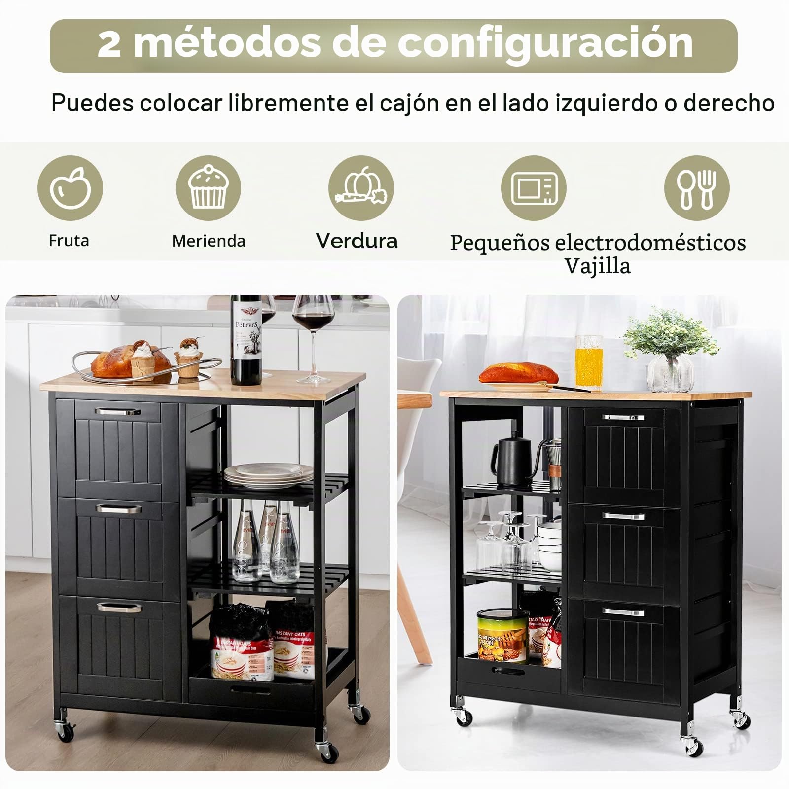 KOMFOTTEU Carrito de Cocina con Ruedas, Carro de Servicio con 3 Estantes Abiertos y 3 Cajones, Carro Auxiliar con Encimera de Madera de Caucho, Isla de Almacenamiento para Comedor (Negro)