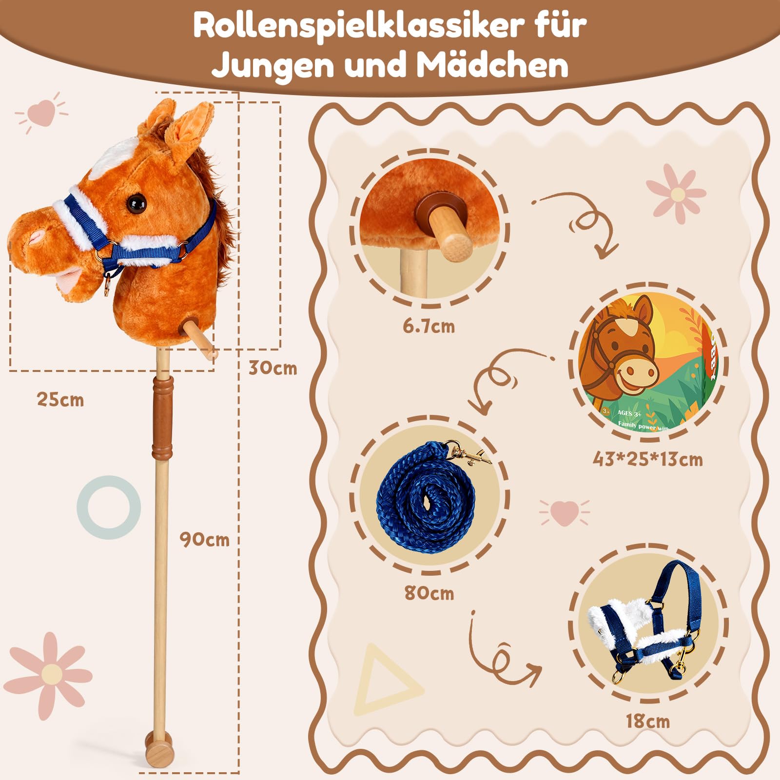 IEEILULU Hobby Horse, Steckenpferd Kinder Braun, Holzpferd für Draußen mit Hobby Horse Trense, Räder und Griffe für Garten, Geburtstag & Reitspiele (Braun)