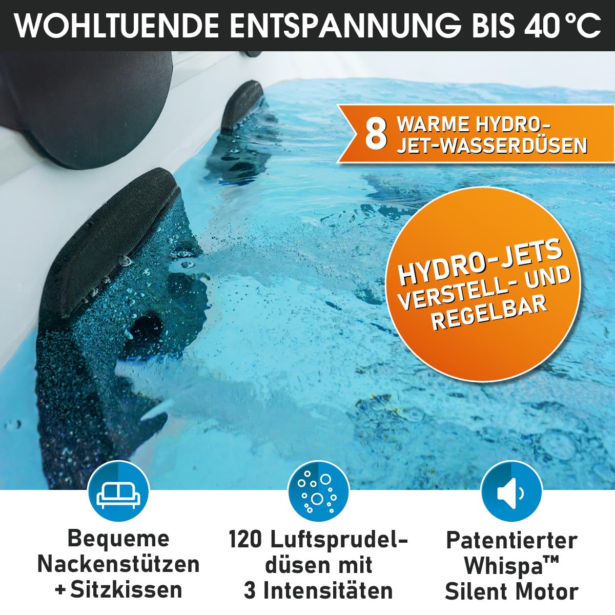 BRAST Whirlpool MSpa Oslo Amber mit Fester Außenwand | LED-Beleuchtung in 20 Farben für 6 Personen | 160x160x65cm | 120 Massagedüsen | Ganzjähriger Einsatz Winterfest | In & Outdoor Pool