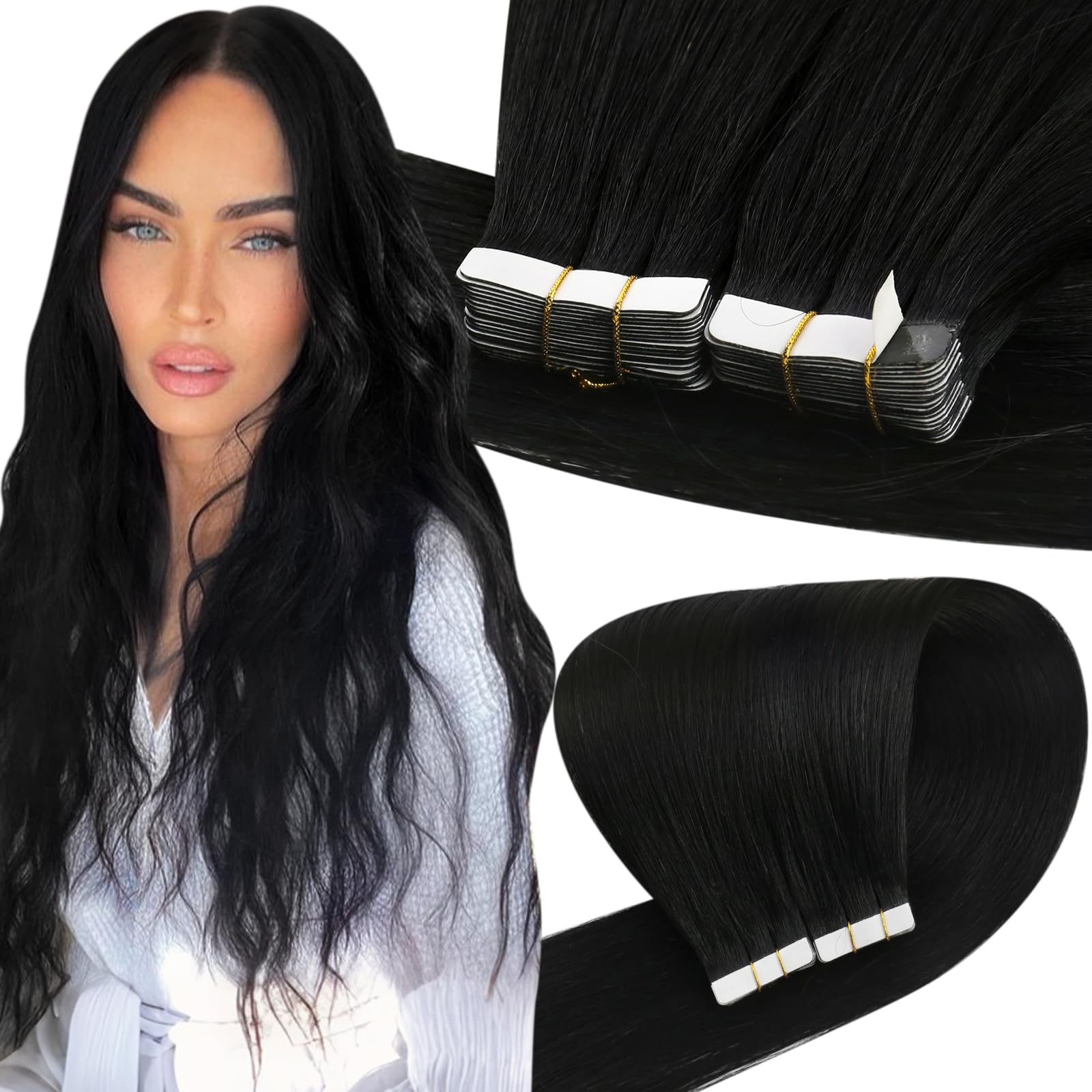Easyouh Tape Extensions Human Hair Jet Black Tape in Hair Extensions Human Hair 18 Inch 40g 20Pcs Invisible Tape Hair Extensions Real Human Hair Black
