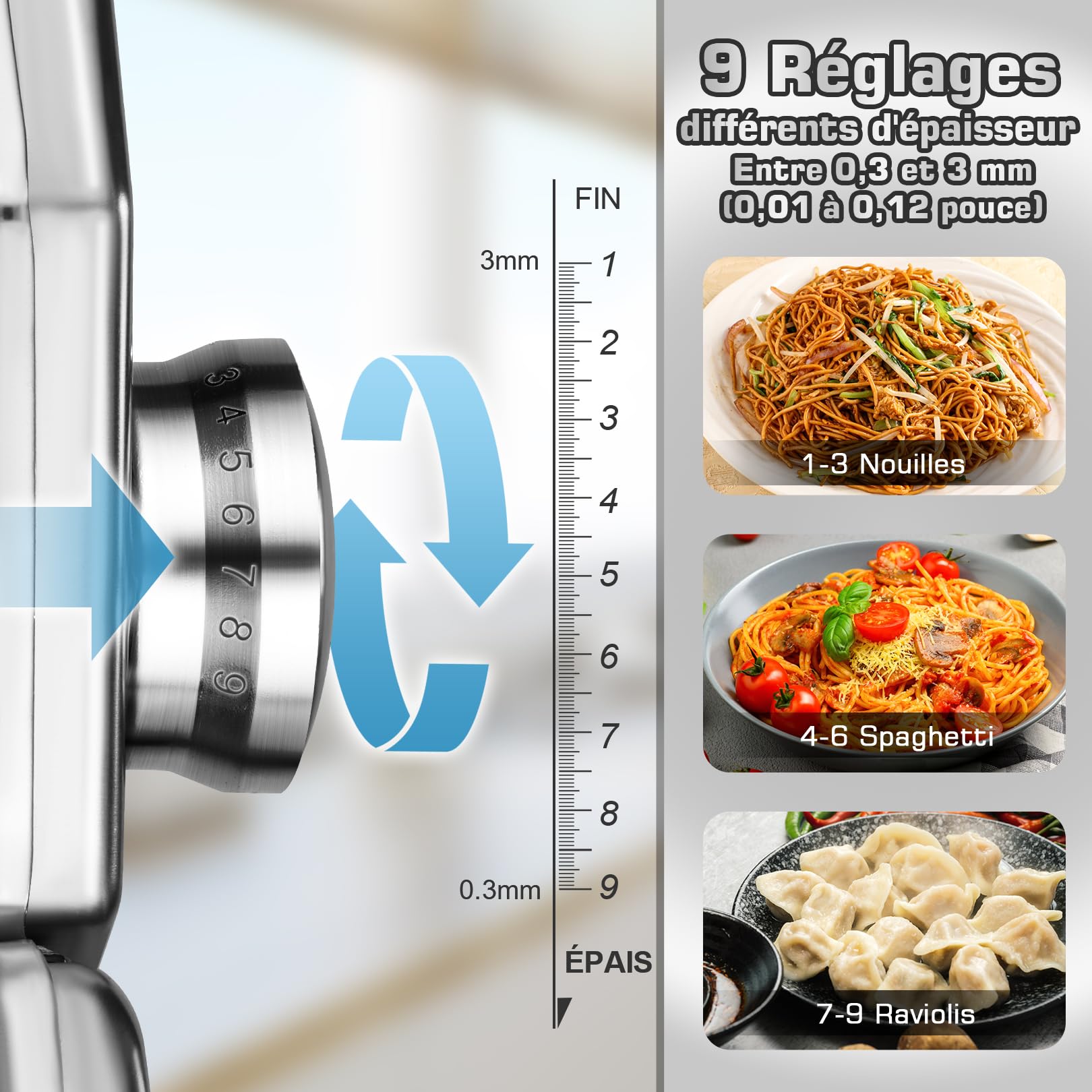 Sailnovo Machine a Pates Fraiche, 180 Aluminium Machines à Pâtes avec 9 Réglages d'épaisseur Réglables et 2 Cutters, Pasta Maker est Parfait Pour Les Pâtes, les pâtes, Laminoir a Pate (Argent)
