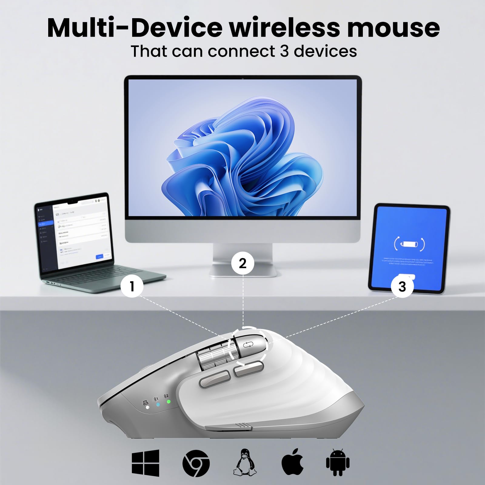 CITLLA Ratón Bluetooth inalámbrico, ergonómico, recargable, silencioso, con multidispositivo, DPI ajustable, volador y rueda de pulgar, mouse Bluetooth para laptop, computadora, tableta, smartphone