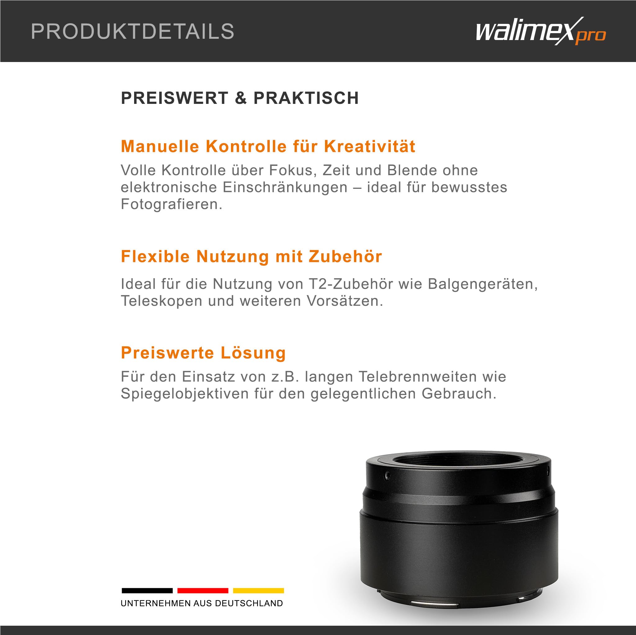 Walimex pro Adattatore T2 per Nikon Z – Anello adattatore con messa a fuoco manuale, facile da usare, anello di collegamento per obiettivo compatibile con Nikon Z6, Nikon Z7, Nikon Z50, Nikon Z5,