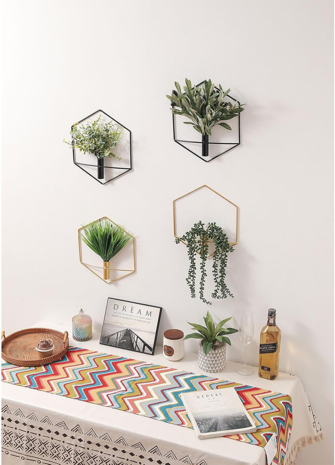 Pretty Jolly Wall Decor, Hexagonal Wall-Mounted Metal Wall Decor, Hanging Artificial Plant Indoor Display, Wall Art Living Room, Bedroom, Honeycomb Greenery Wall Decor 3 Pack Black Oliver