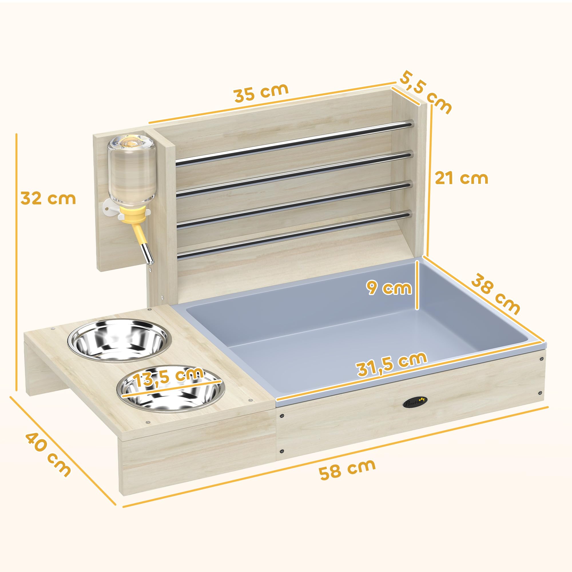 PawHut Comedero de Heno para Conejos con Bandeja, Alimentador de Heno de Madera con Cuenco de Acero Inoxidable y Botella de Agua, para Cobayas, Chinchillas, Gran Capacidad y Prevención de Residuos — view 7