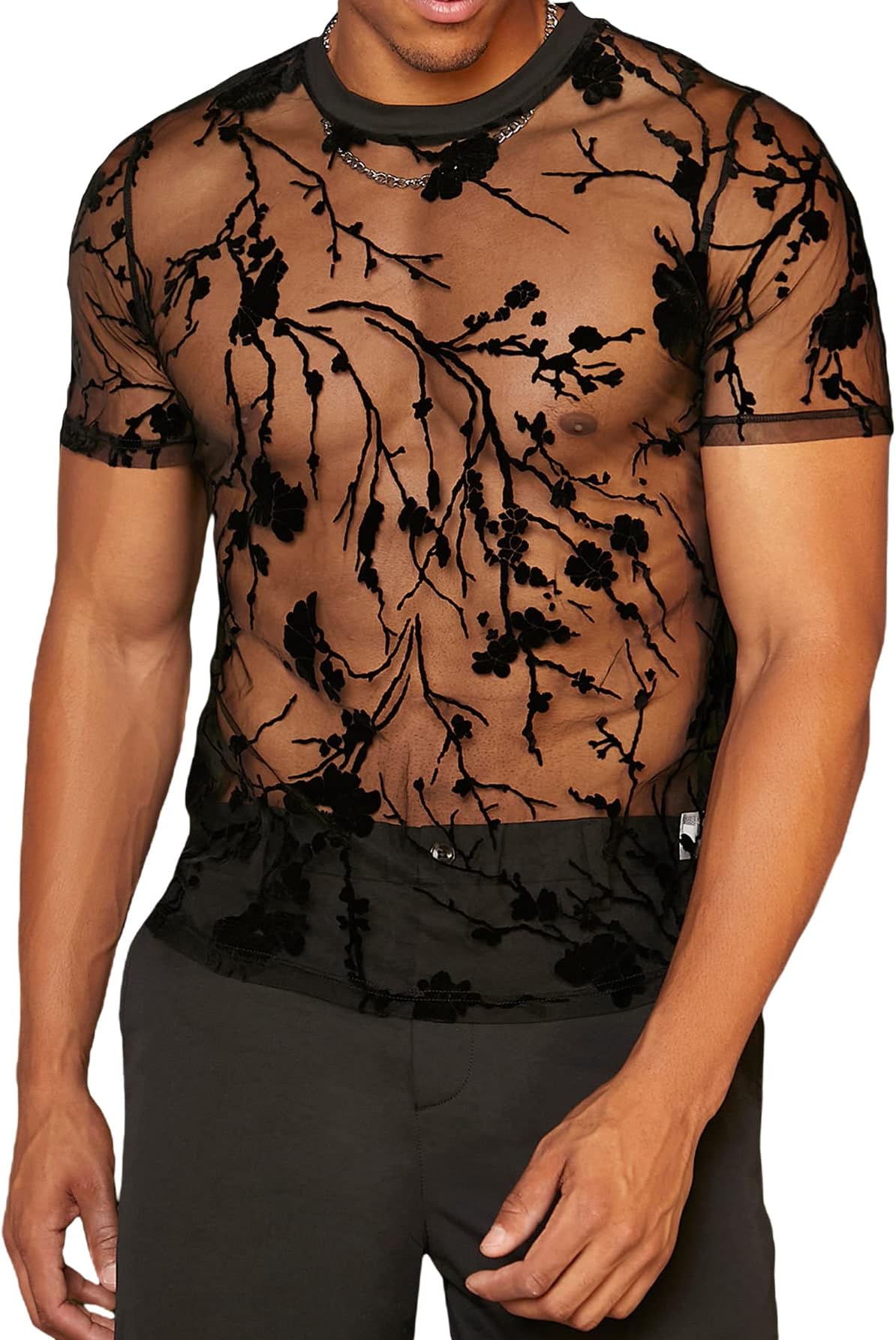 WDIRARAMen's Floral Print See Through Round Neck Short Sleeve Mesh Tshirt Party Top