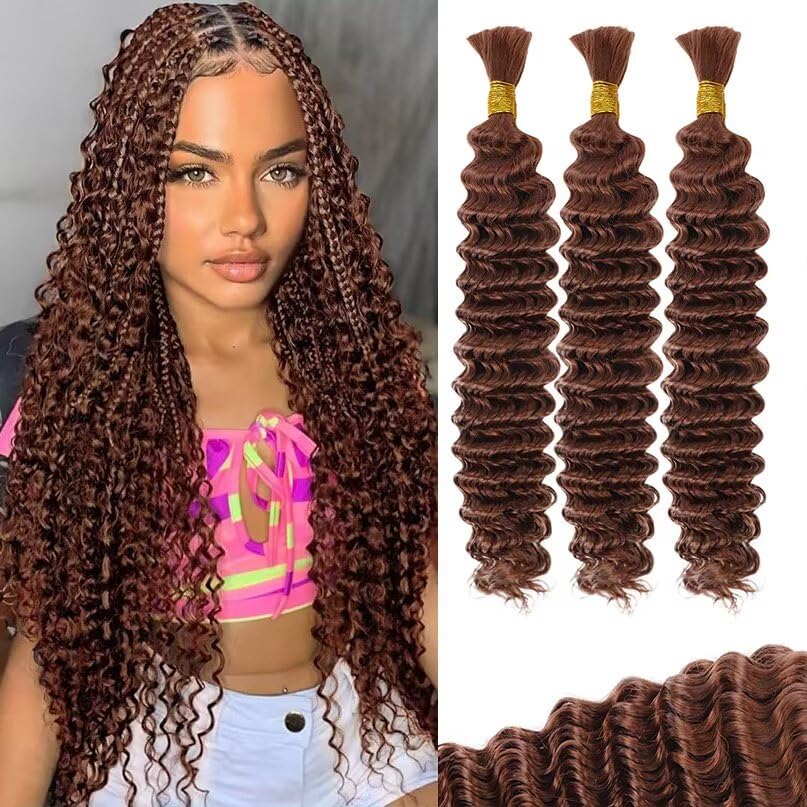 12A #30 Auburn Brown Human Braiding Hair for Boho Braids 3 Bundles 14 Inch 100g Deep Wave Braiding Hair for Bohemian Knotless Braids 100% Unprocessed Virgin Bulk Hair Extensions No Weft