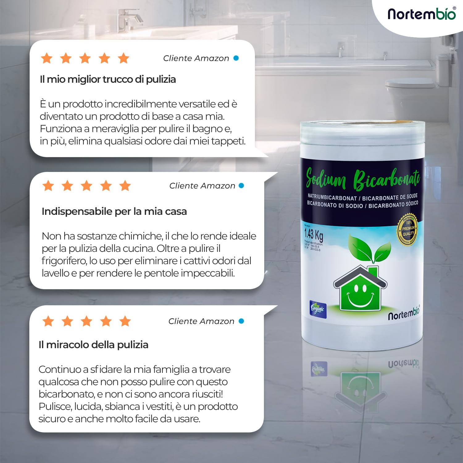 Nortembio Bicarbonato di Sodio 5 Kg 100% Naturale per Pulizia Multiuso. Senza Alluminio. Elimina Odori e Sporco. Cucina, Bagno, Tessuti. E-Book Incluso