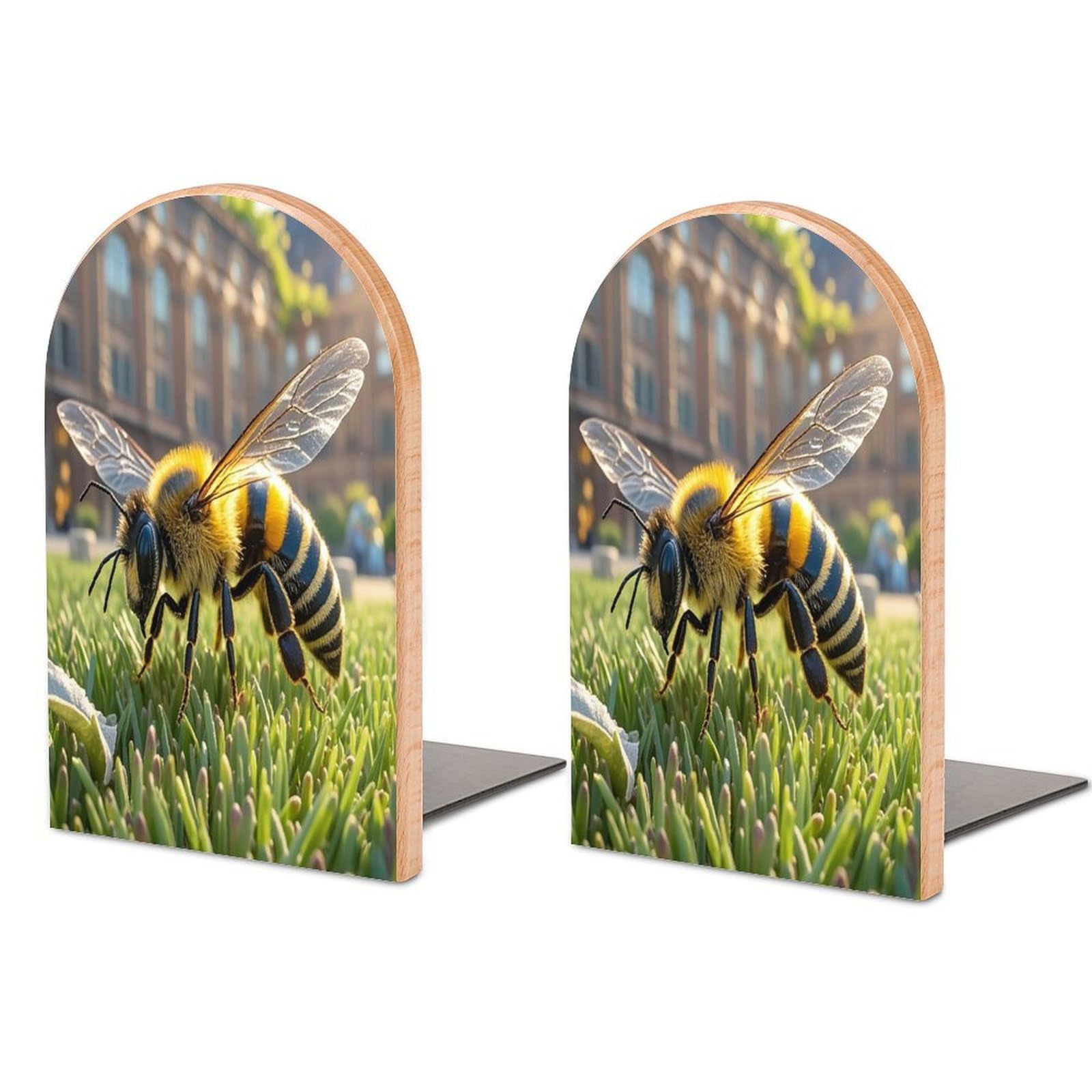 Bee on The Square Bookend for Shelves Wooden Book End Sturdy Book Holders Stoppers with Metal Base for Bookshelves Slick Decorative Bookends Stands