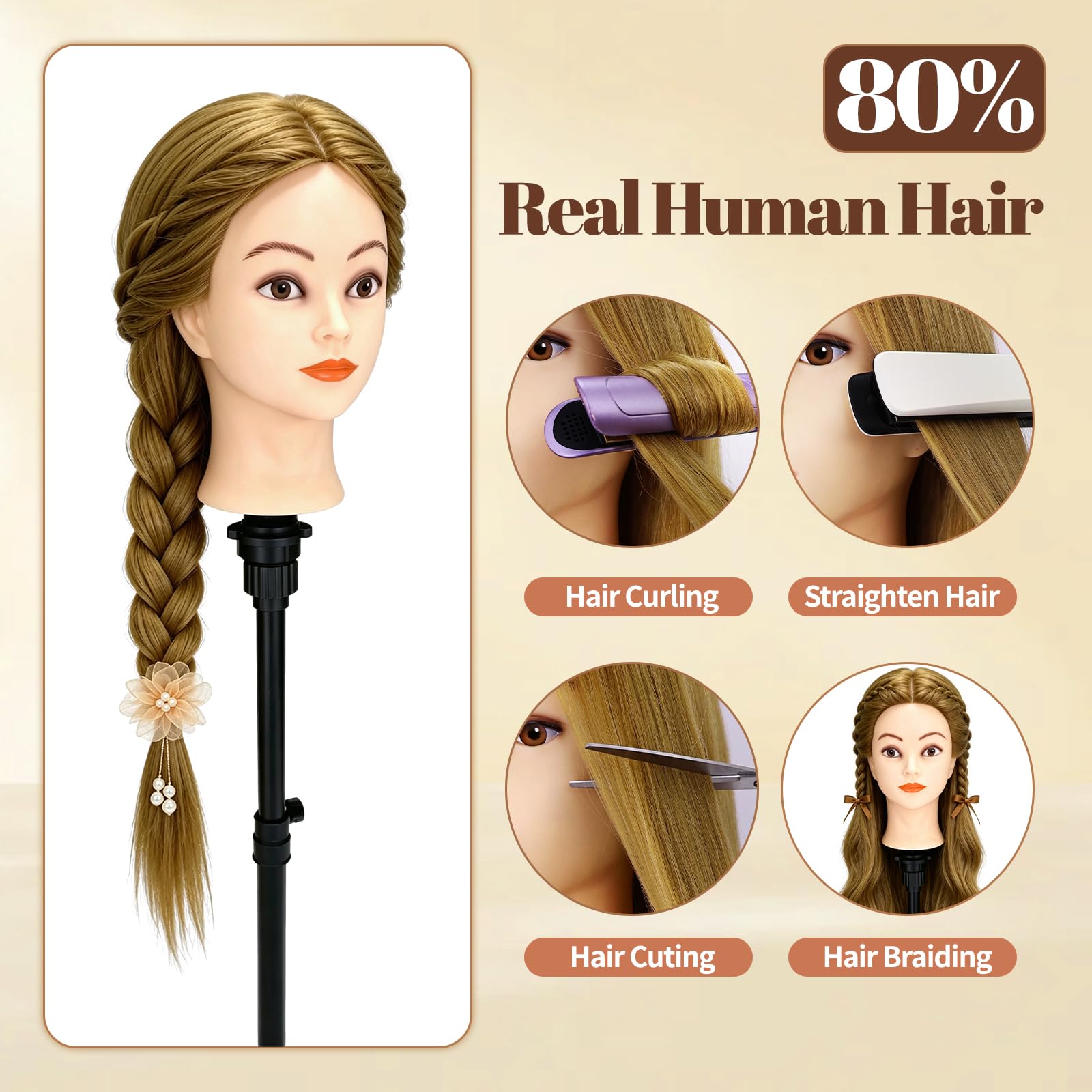 Yofuly 26Zoll/66cm Frisierkopf, 80% Echthaar Übungskopf, Frisieren Trainingsköpfe Puppenkopf Friseur Mannequinkopf mit Tischklemme + DIY-Zopfset (Gold)