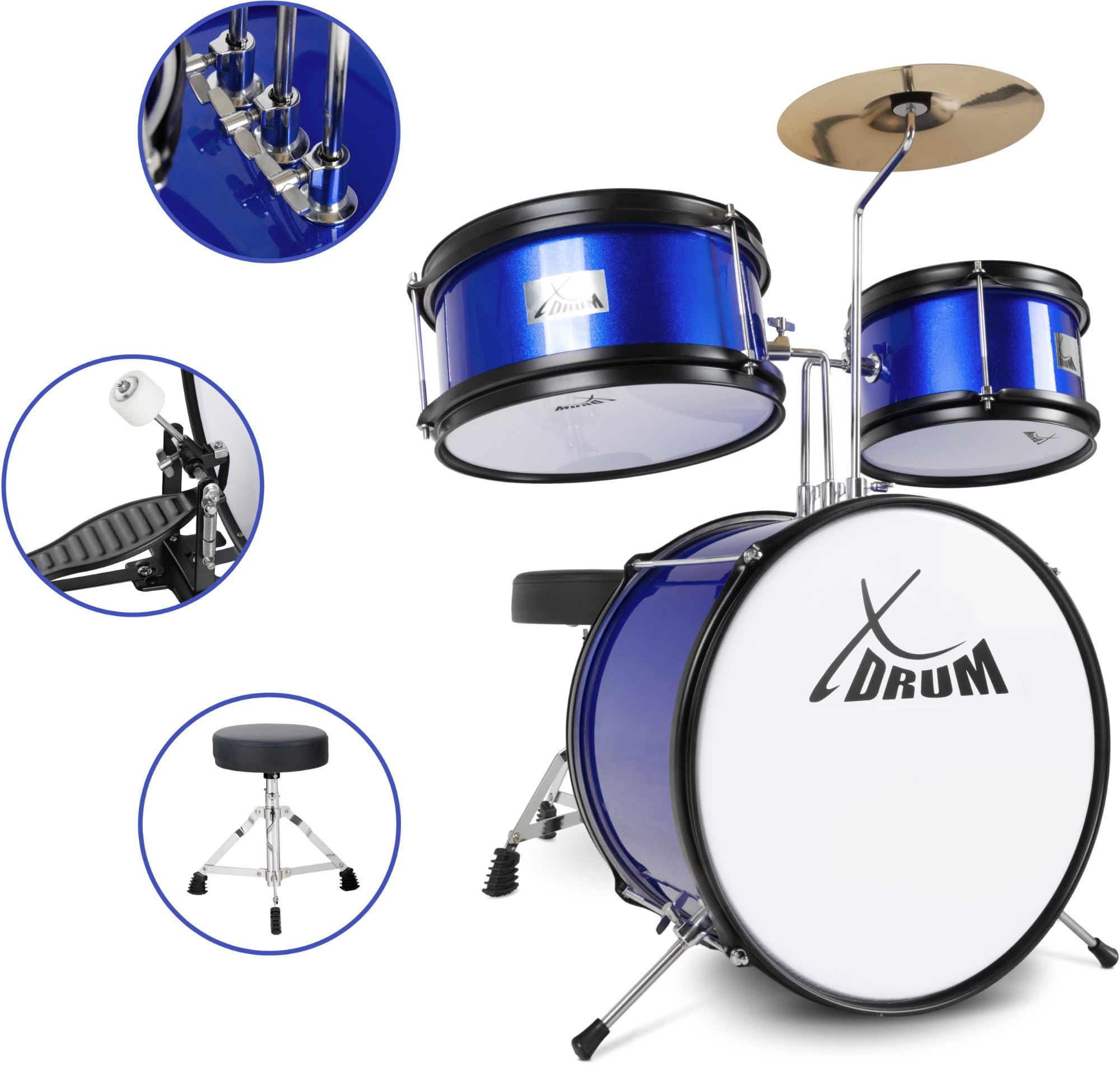 XDrum Junior KIDS Schlagzeug inkl. Schule - Kompaktes Kinderschlagzeug - Für Kinder im Alter von 3-5 Jahren - Kinderleichter Aufbau - Mit Schule, Hocker, Drumsticks & Stimmschlüssel - Blau