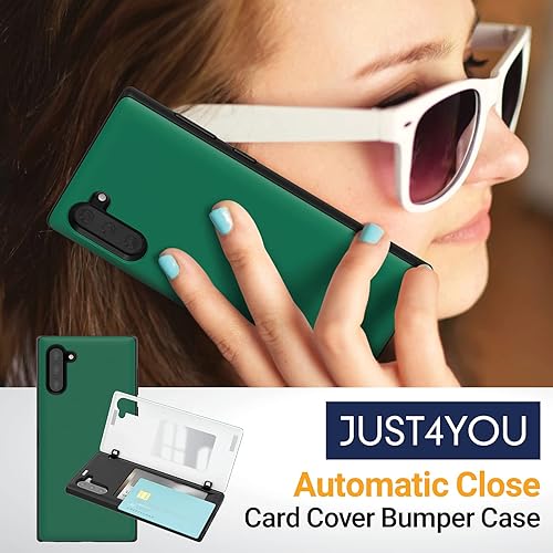 Miniatura 7 de JUST4YOU Funda tipo cartera para Galaxy Note 10 con tarjetero Cierre magnético automático Cubierta de parachoques de espejo oculto (verde)