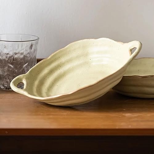 Miniatura 7 de Cuenco de cerámica retro con asas, borde de forma libre para ensalada de frutas, fideos de sopa y encimera decorativa de cocina (pequeño)