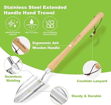 ‌Berry&Bird Stainless Steel Gardening Hand Trowel with extended handle, Ergonomic Wood Grip, Rust-Resistant and Easy to Clean, Ideal for Digging Transplanting Planting Weeding in Your Garden