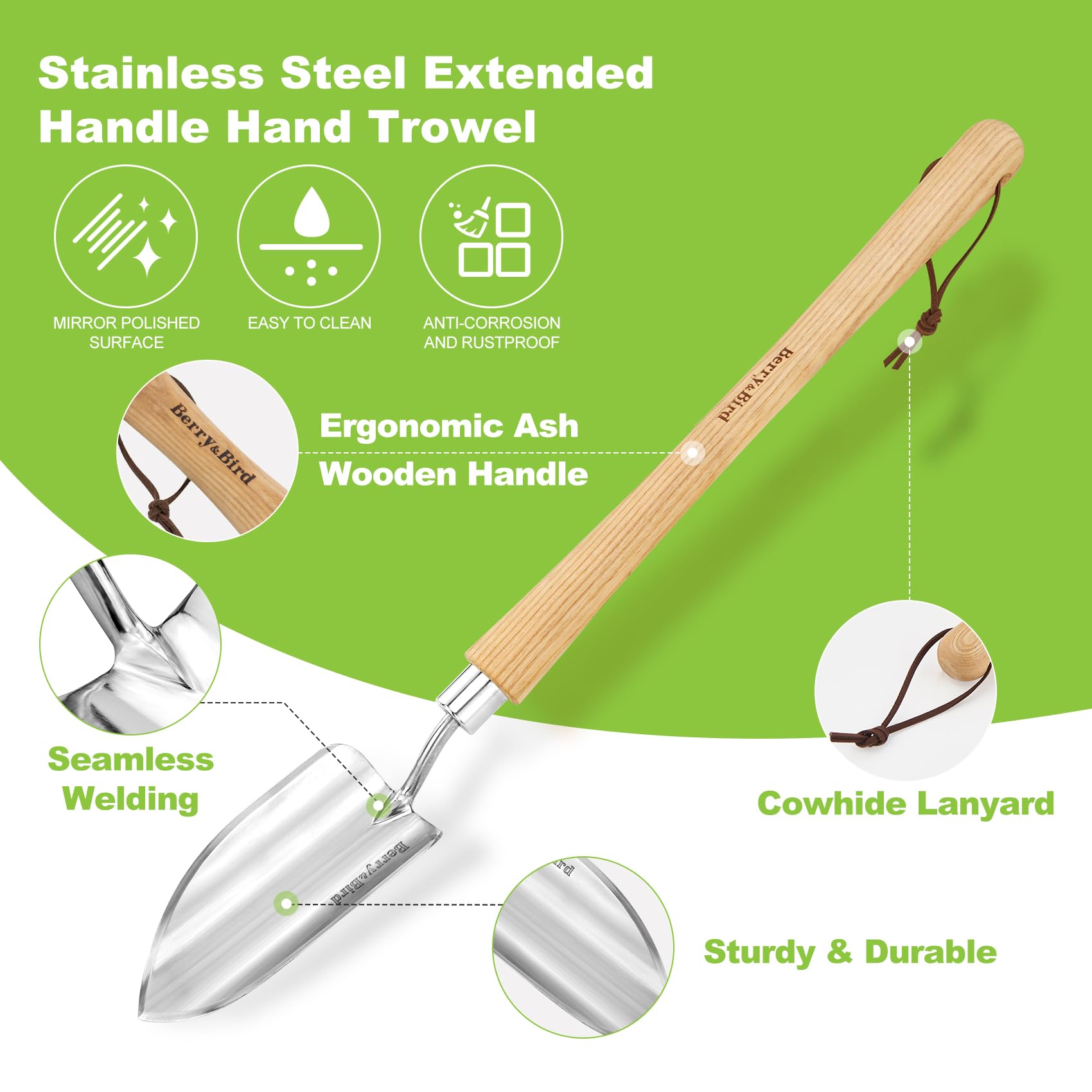 Berry&Bird Edelstahl Gartenhandkelle mit verlängertem Griff, ergonomischer Holzgriff, rostfrei und leicht zu reinigen, ideal zum Graben, Umpflanzen, Pflanzen Jäten in Ihrem Garten