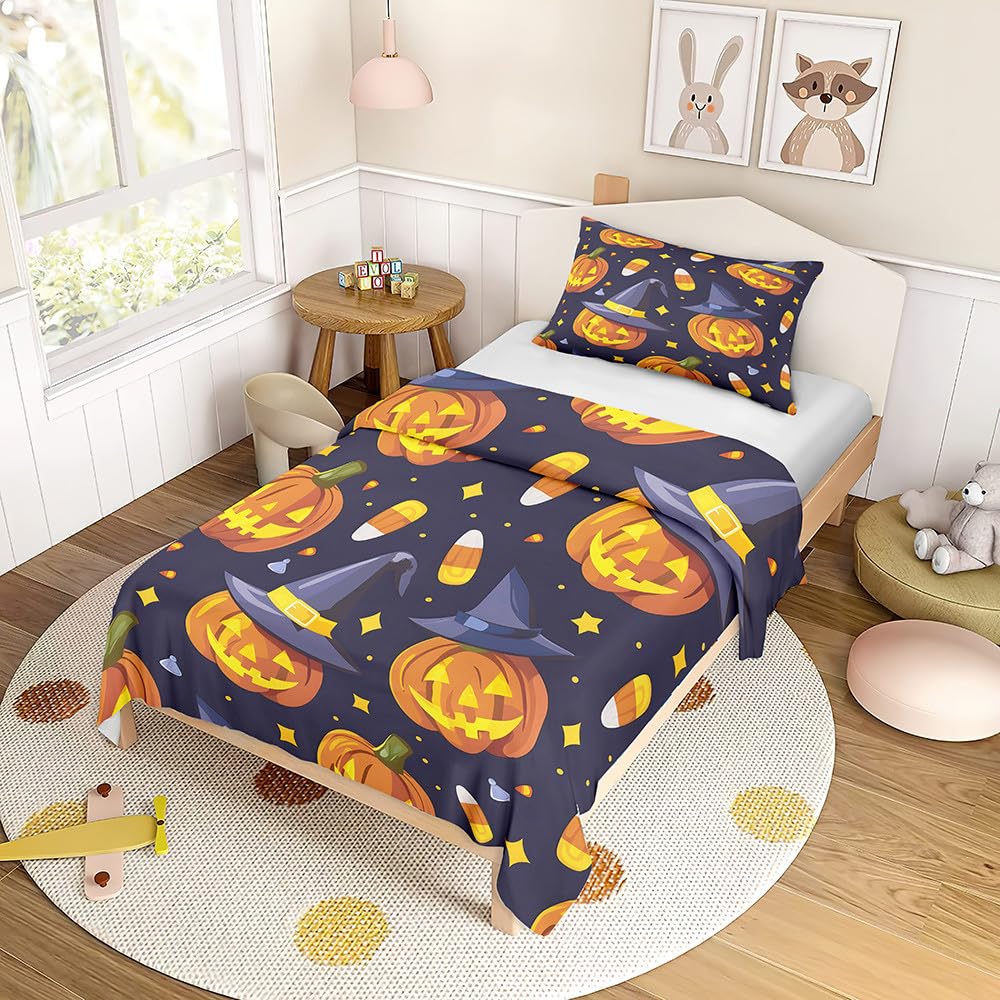 Odot Cot Bed Duvet Cover Set, Halloween Style Childs Toddler Bedding Quilt Covers Set for Kids Boys Girls, Single Bed Duvetcover with Pillowcase Kids Bedding (Hat,100x135cm)