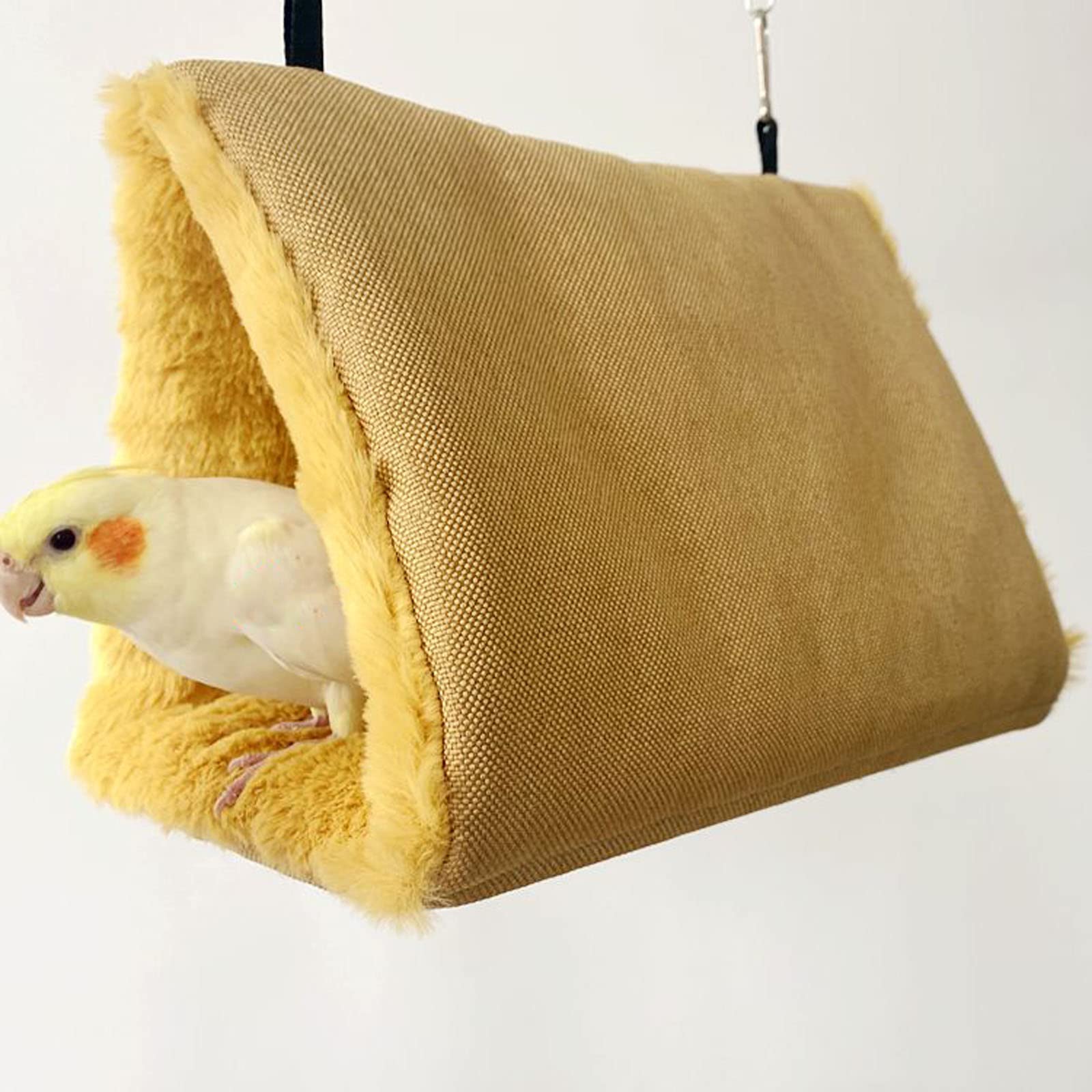 鳥たちの寝床 三角ハウス インコ おもちゃ 掛ける鳥の巣 ハンモック ペット 用 テント いんこおもちゃ かわいい 寝袋 無地 厚みふわふわ 暖かい Cave Bed 遊び場 保温 寒さ対策 鳥の おもちゃ 鳥用品 文鳥 鸚鵡 小動物 ハウス 冬 フックとチェーン付き 両側開放型-S イエロー - 1