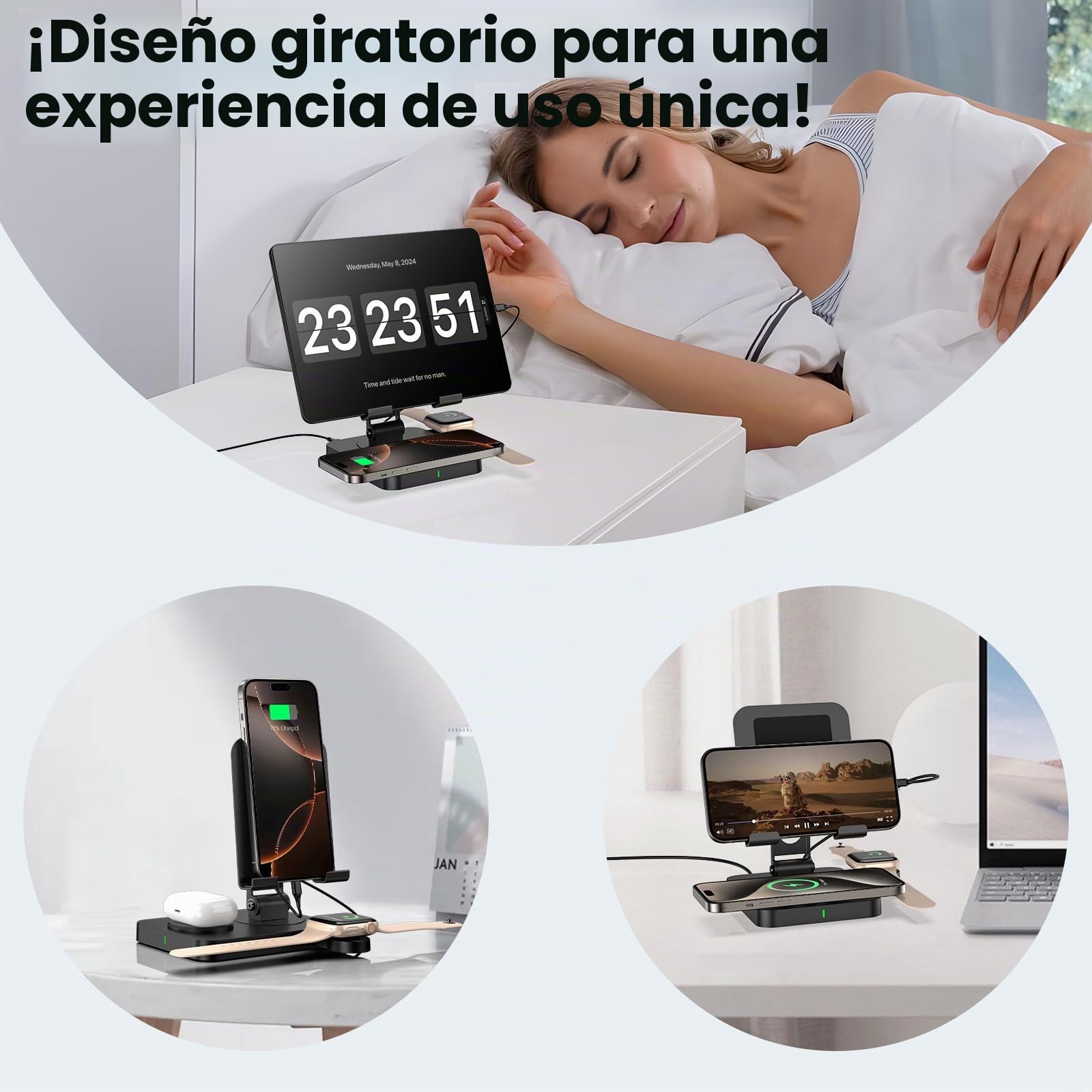Cargador Inalámbrico para Apple - Estación de Carga para iPhone 16/15 Pro/14/13/12, Apple Watch 10/9/8/7/6/SE, iPad y AirPods 4