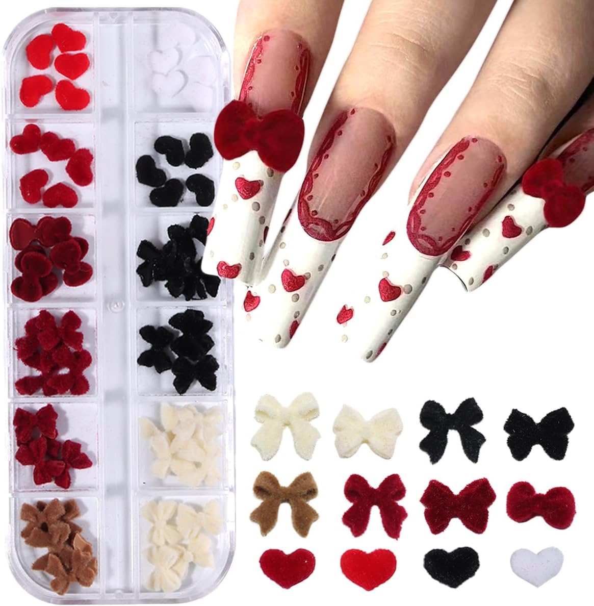 3D Bow Nail Charms, Velvet Red Heart Nail Art Charm Mixed Size Cute Bowknot Charm Professional Manicure Accessories Rhinestones for Women Nails Decoration Valentine's Day Wedding DIY Craft Supplies