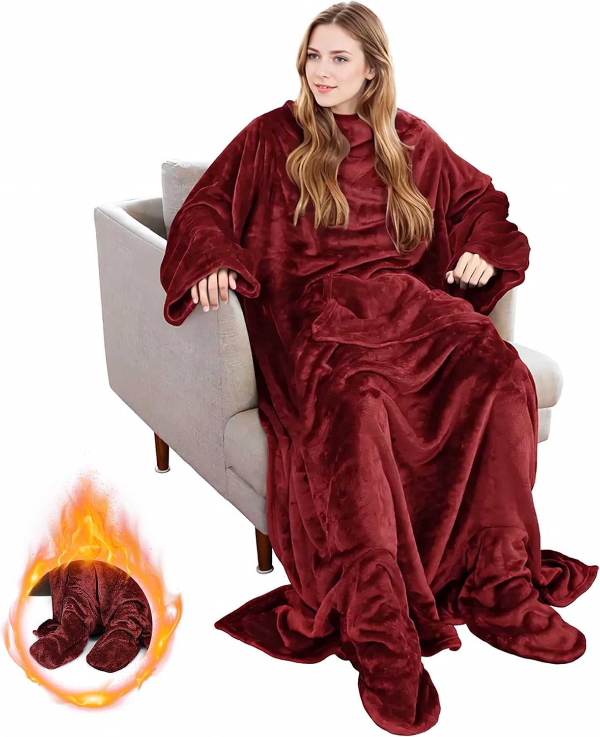 Solaris Wearable Blanket with Sleeves and Foot Pocket for Women Men, Super Snuggy Soft Cozy Fleece TV Body Throw Blanket for Lounge Office Home Sofa, Wine