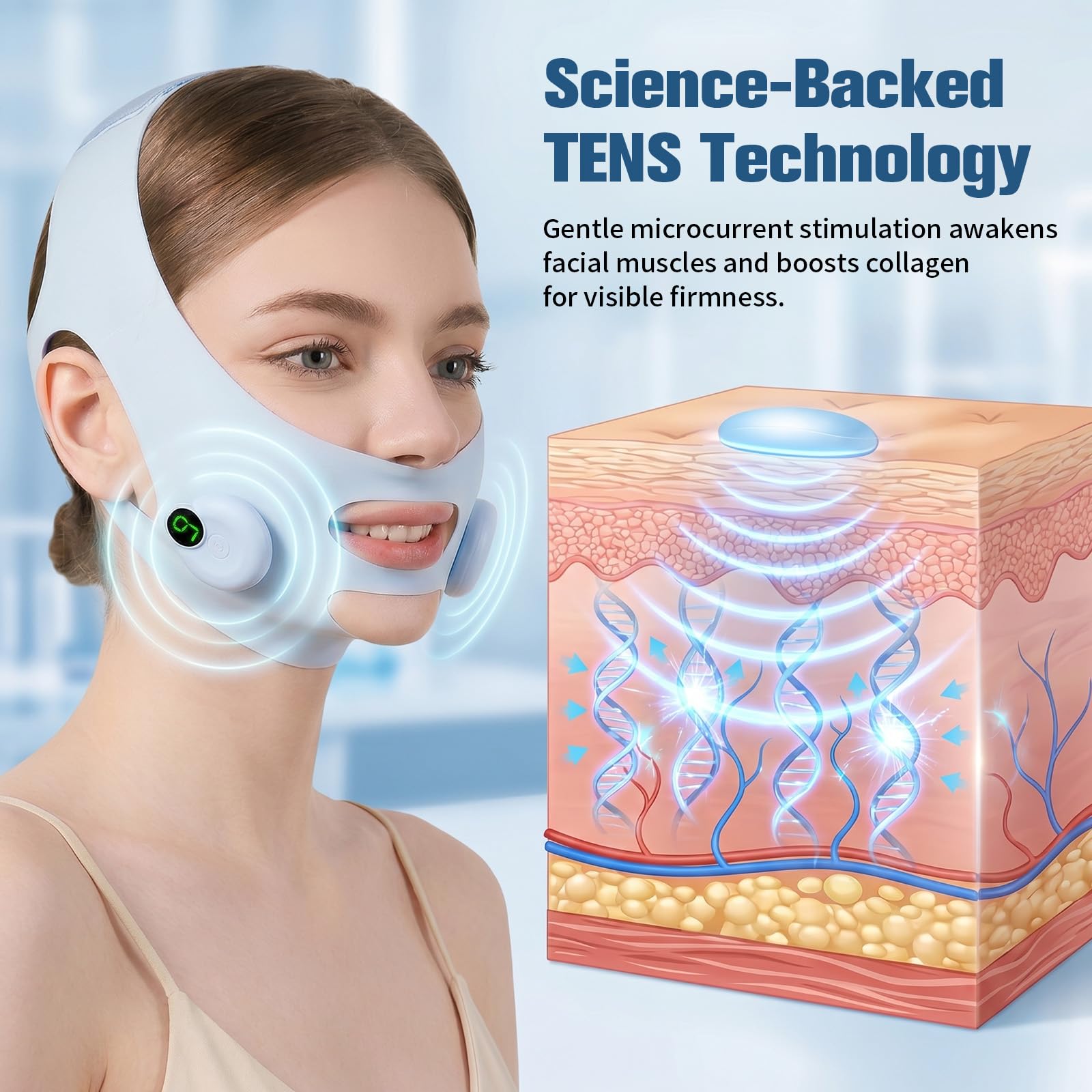 Mikrostrom V-Form Gesichtsstraffer-Pads, USB-aufladbare Gesichts-Liftband für ein konturiertes Gesicht, Doppelkinn-Reduzierer, verstellbare Hebemaske mit 6 Modi und 9 Intensitätsstufen für zu Hause