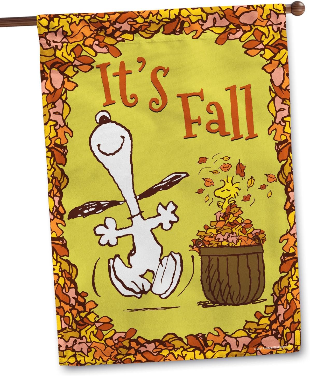 Flagology, PEANUTS Snoopy Woodstock Leaf Pile Fun House Flag, Officially Licensed, Multicolor, 28" x 40", Fall, Autumn