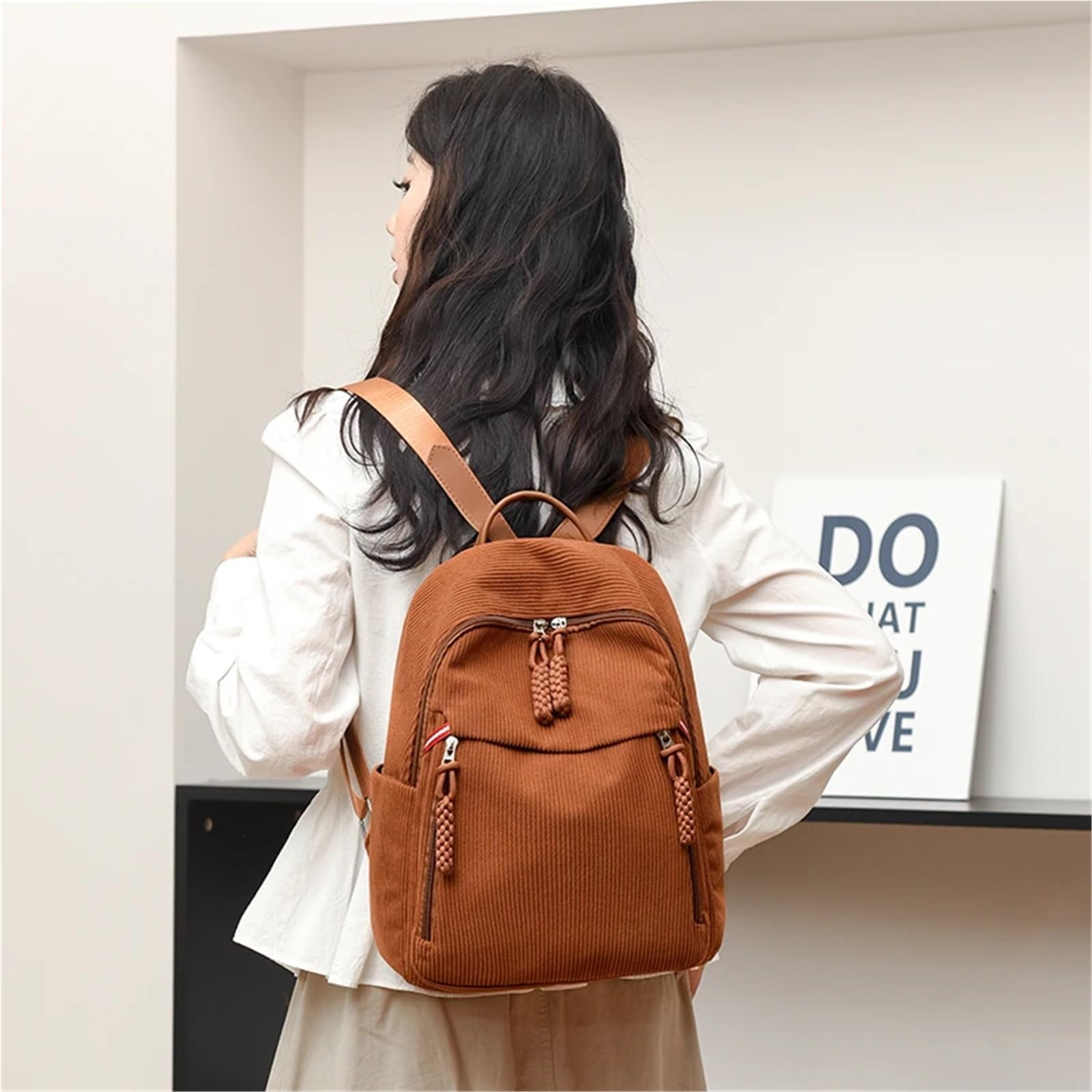 Rucksack Damen Cord-Rucksack mit großem Fassungsvermögen, Unisex-Stil, lässig und leicht, for Studenten, verstellbare Schulter(Orange)