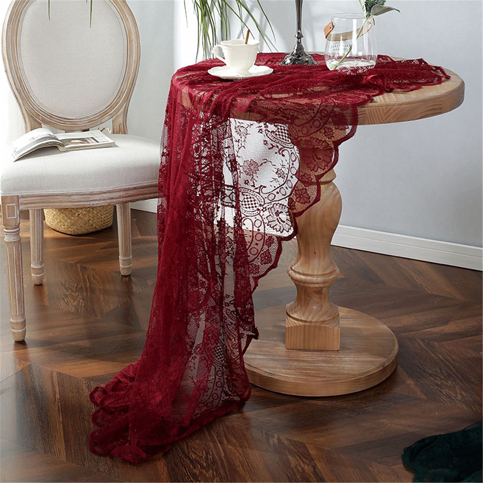 Rote Spitze Tischdecke Bestickt Elegante Florale Muster Tischtuch Runde Overlay Tischdecke für Hochzeit Party Urlaub Lange Abendessen Home Decor (Rund-190CM/75, Rot)