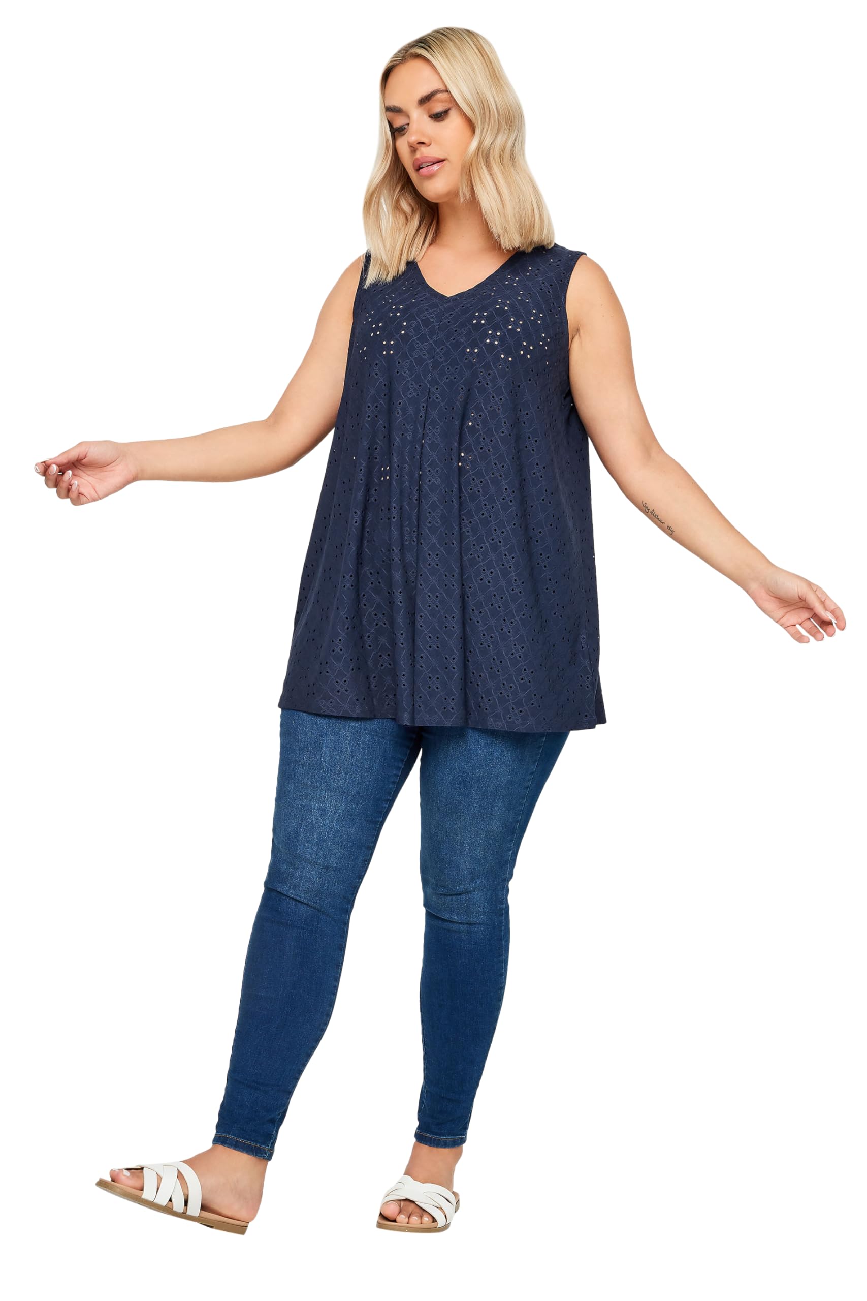 Yours Women's Navy Curve Blue Broderie Anglaise Swing Vest Top - Plus Curve 26-28 Plus