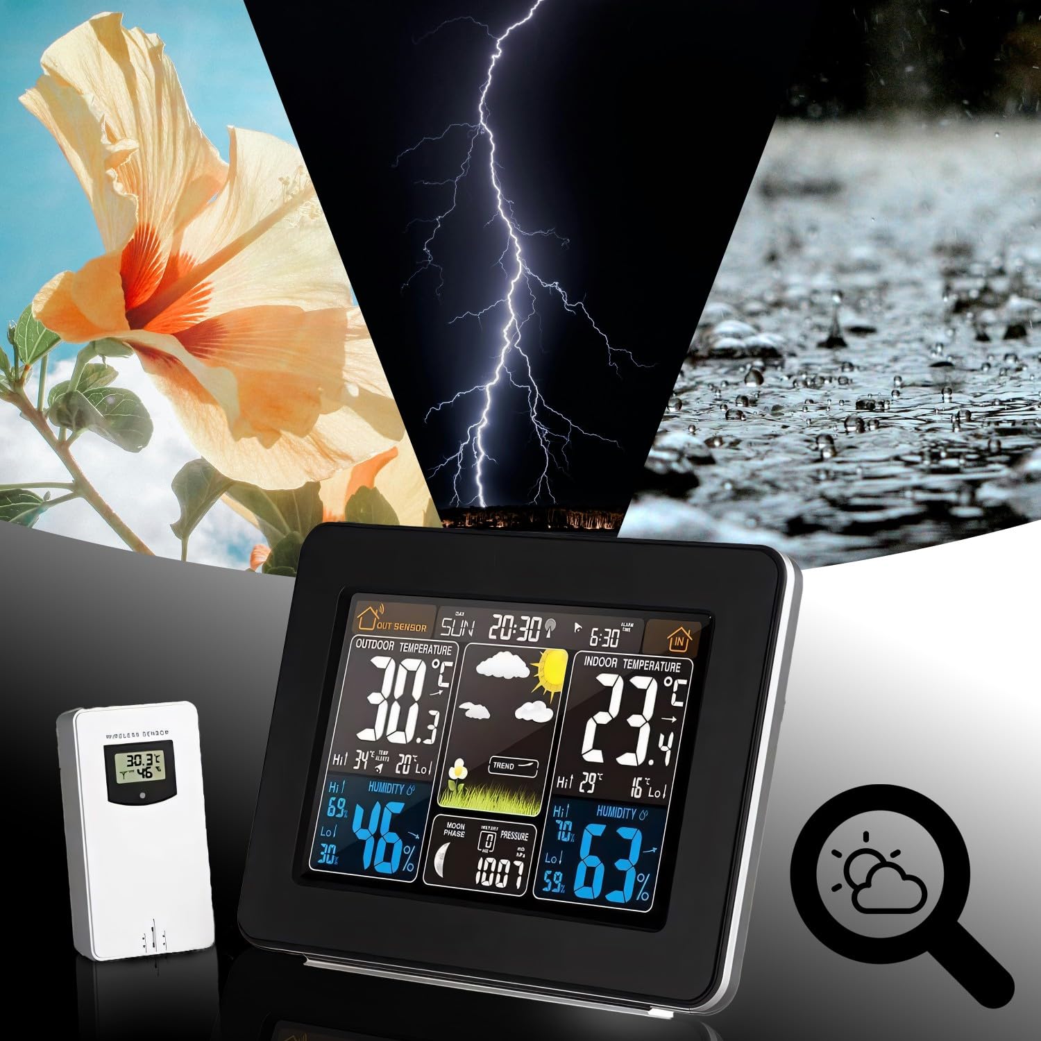 Retoo Stazione meteorologica multifunzione con sensore esterno e display digitale a colori, stazione meteo radio con previsioni meteo, igrometro barometro, fase lunare e portata di 60 m (nero)