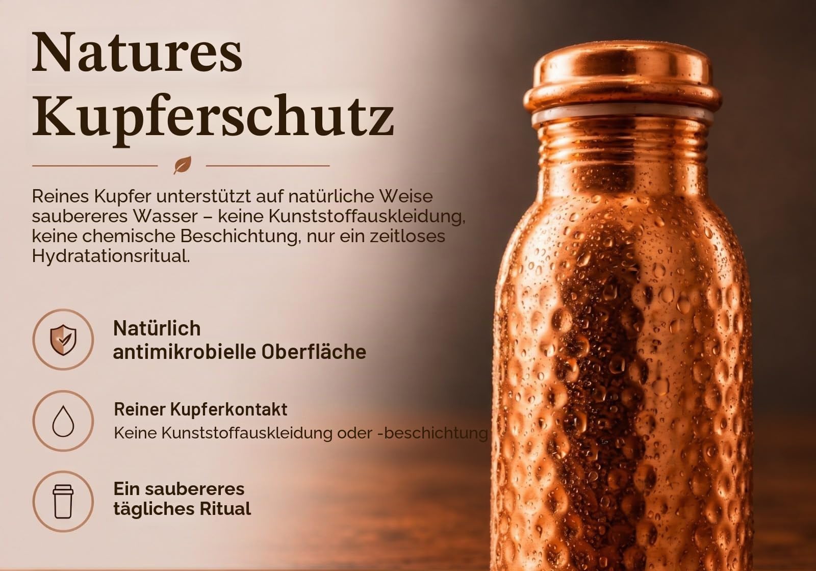 Handgehämmerte Wasserflasche aus reinem Kupfer 950 ml – Ayurvedische, auslaufsichere Sport-Trinkflasche BPA-freie, große Wasserflasche für Yoga, Reisen und Büro Canvas-Tasche, Bürstenset