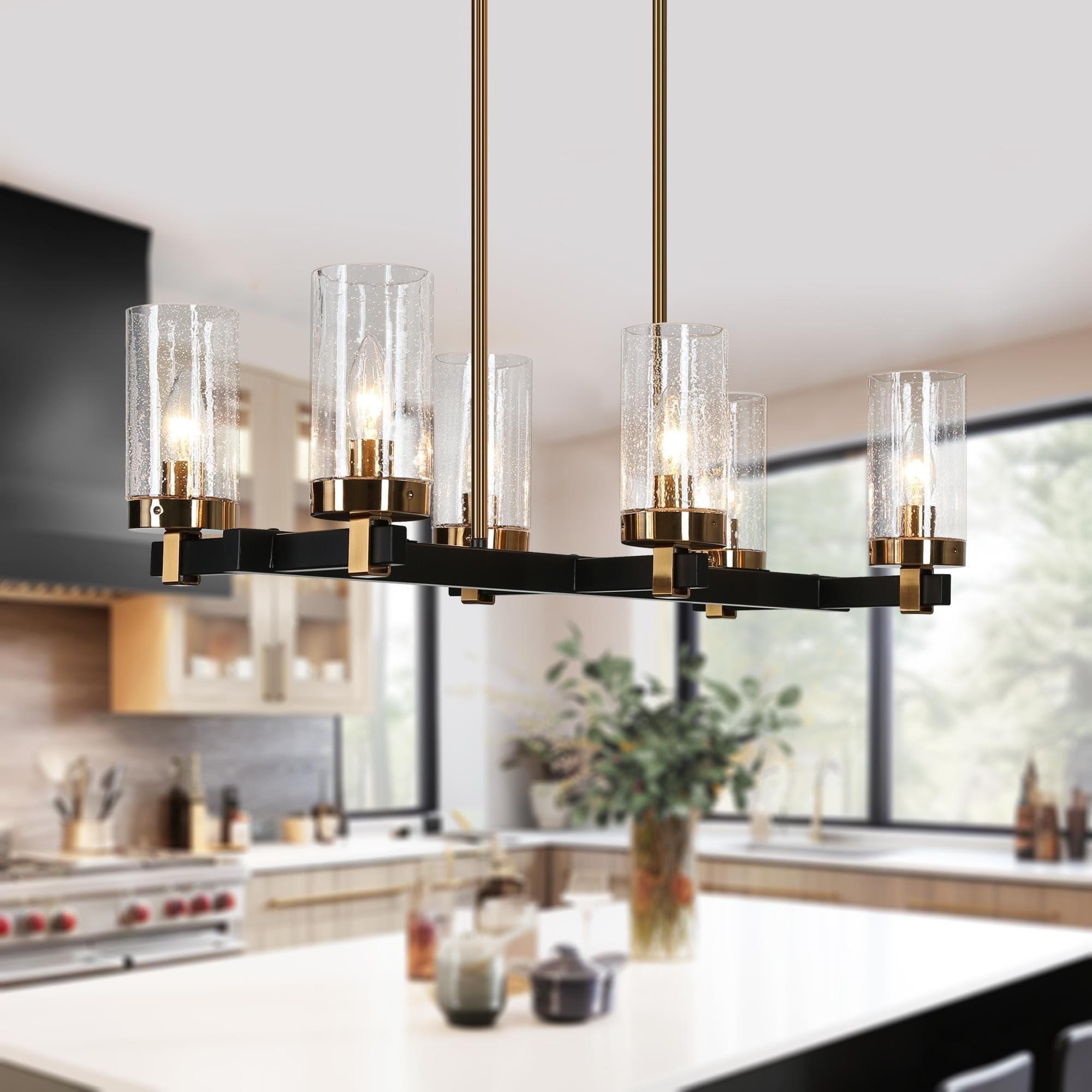 Yilia Modern Farmhouse 6-Light Black Gold Chandelier Linear Island Lights for Dining Room Matte Black/Gold