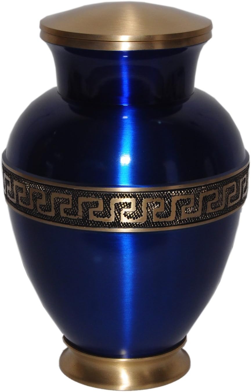 Roman Blue Cremation Urn for Human Ashes - Adult Funeral Urn Handcrafted - Solid Brass Urn - Affordable Urn for Ashes - Large Urn Deal