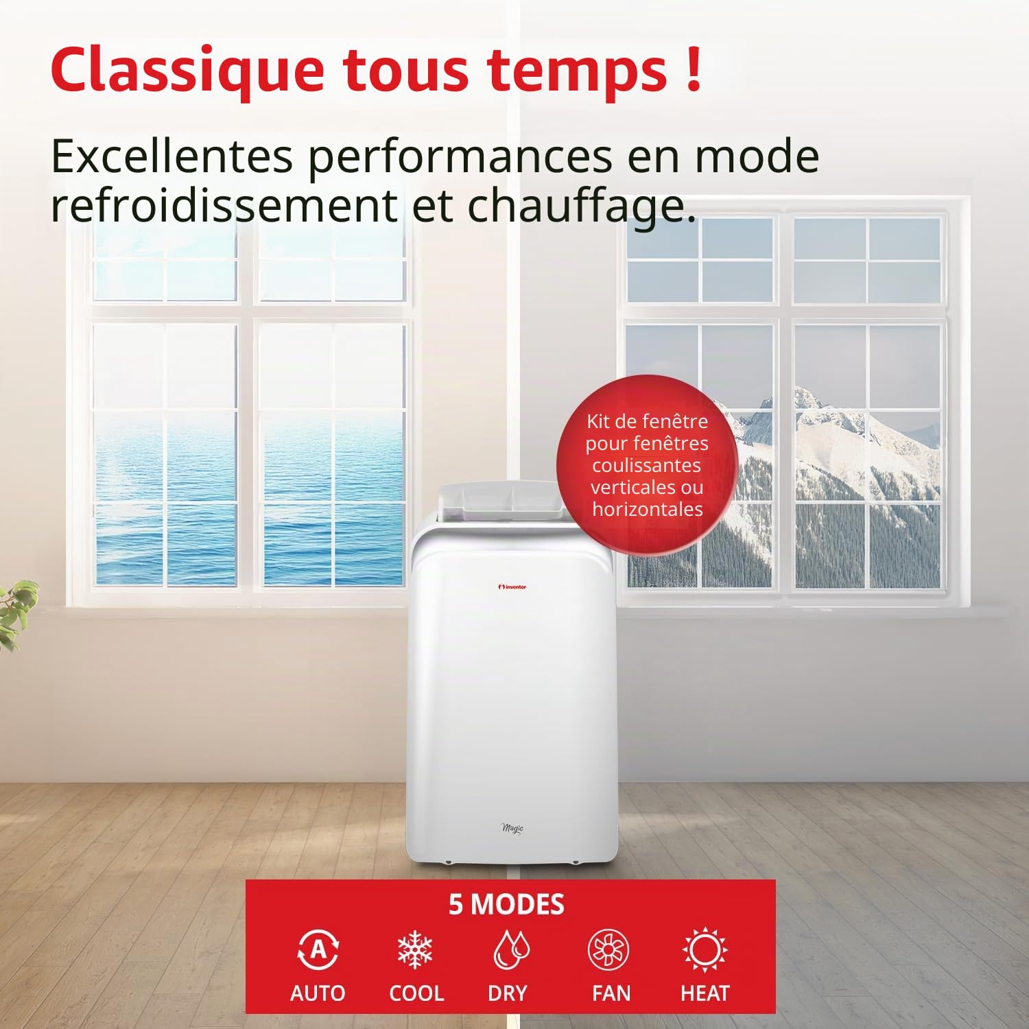 Magic Inventeur Climatiseur portable 12 000 BTU refroidissement, chauffage, déshumidificateur, ventilateur, affichage numérique, télécommande, 3 vitesses, minuterie 24h