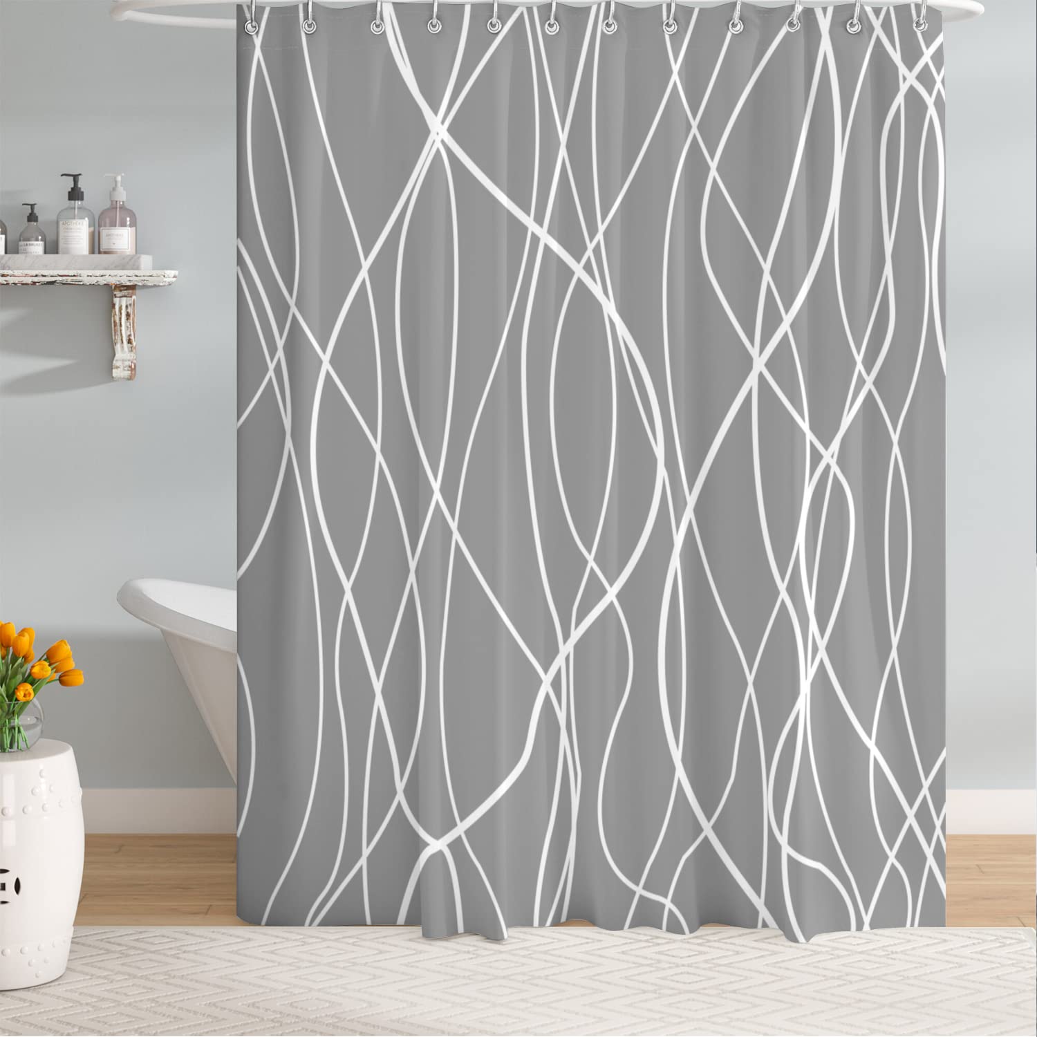 Cortina de ducha de tela de poliéster, con líneas, antimoho, impermeable, incluye 12 anillas en C, dobladillo con peso, minimalista liso, resistente al color, 180 x 200 cm