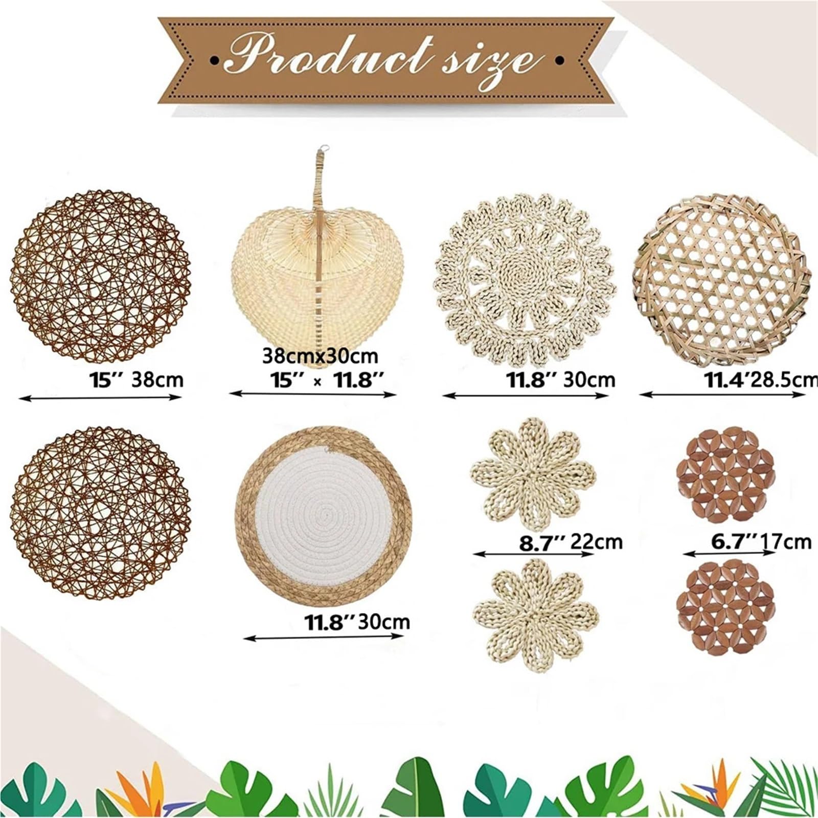 Cesta Mural de ratán Cesta de decoración de Pared Natural, decoración de Pared Redonda de ratán Hecha a Mano, decoración Colgante de Pared de Granja for Dormitorio y Sala de Estar, 10 Uds.