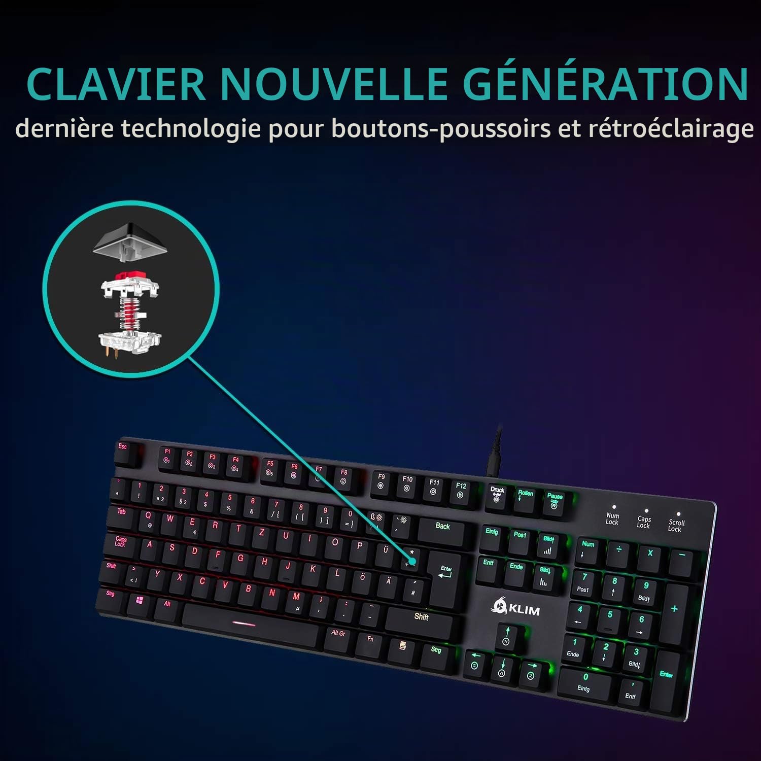 KLIM™ Dash – Nouveau – Clavier Mécanique QWERTZ avec Switchs Red Low Profile pour Les Professionnels et Gamers – Garantie 10 Ans – Rétroéclairage RGB – Structure Métallique – Personnalisation Totale