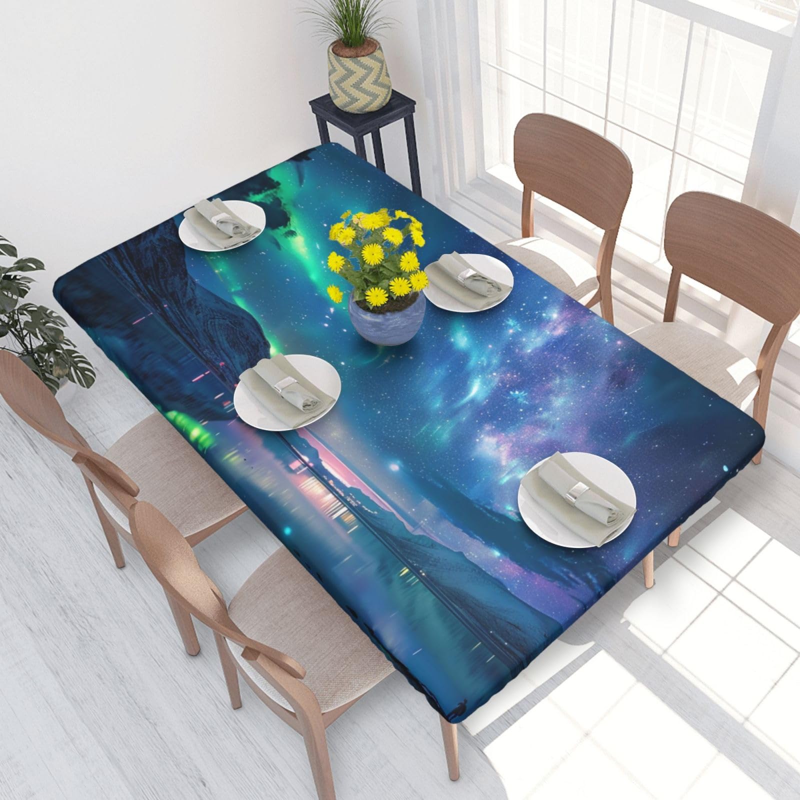 DCARSETCV Northern Lights Printed 4FT Waterproof Tablecloth with Elastic Edged Protect & Decor Your Table, Oil-proof Washable Table Cloth Cover for Dinner Picnic Party