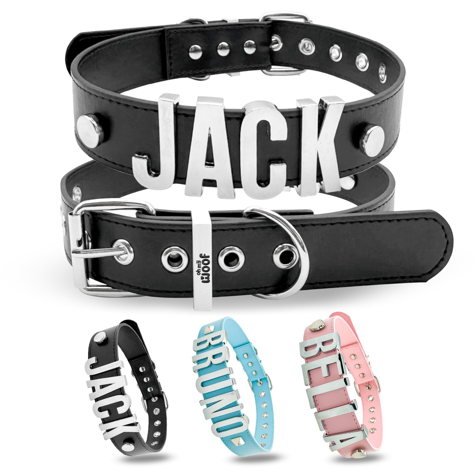 Oh My Woof Personalized Dog Collar with Name Dog Collar for Small Medium Large Dogs Girl Boy Female Male PU Leather Metallic Letters (Classic Black, L