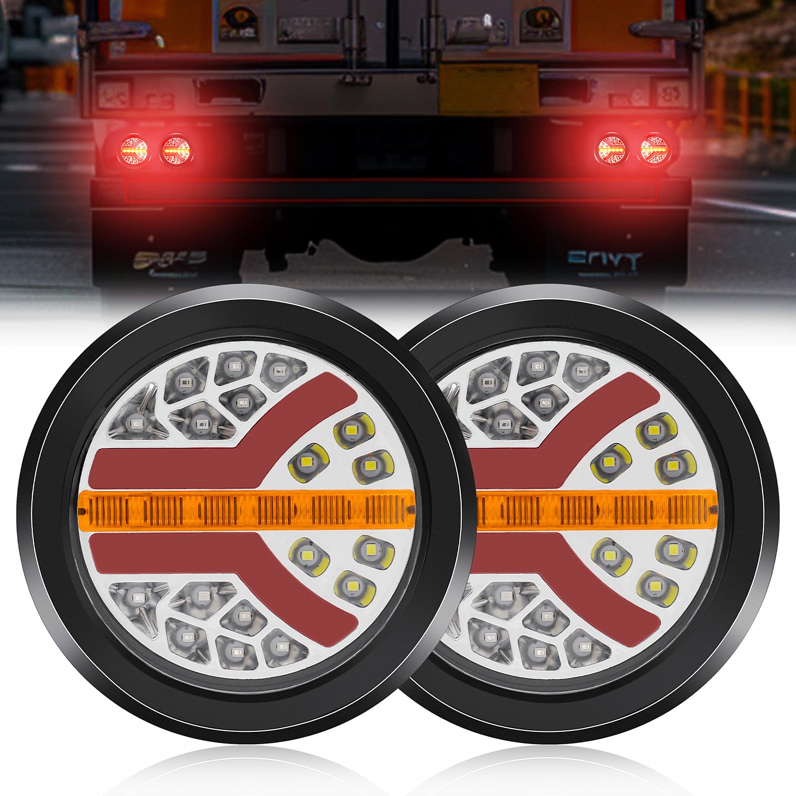 Round LED 4 in 1 Truck Taillight 24V Dynamic Tail Turn Signal Reverse Lamp Rear Brake Stop Light for Car Trailer Lorry RV Bus