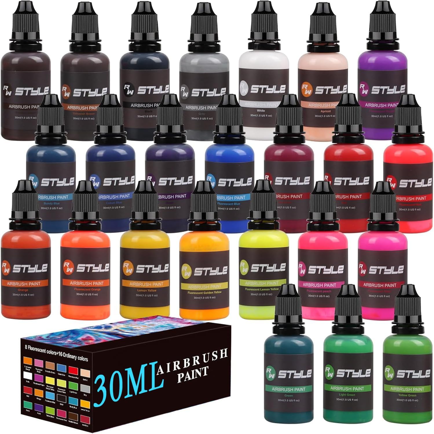 Airbrush Paint - 24 Colors Airbrush Paint Set 1fl oz, Opaque & Brilliant Colors, Leather & Shoe Acrylic Air brush Paint Kit Ready to Spray Water Based for Artists Beginners Hobbyist…