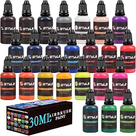 Tinta para aerógrafo - Conjunto de tinta para aerógrafo de 24 cores, cores opacas e brilhantes, kit de pintura acrílica de couro e sapato, pronto para pulverizar à base de água para