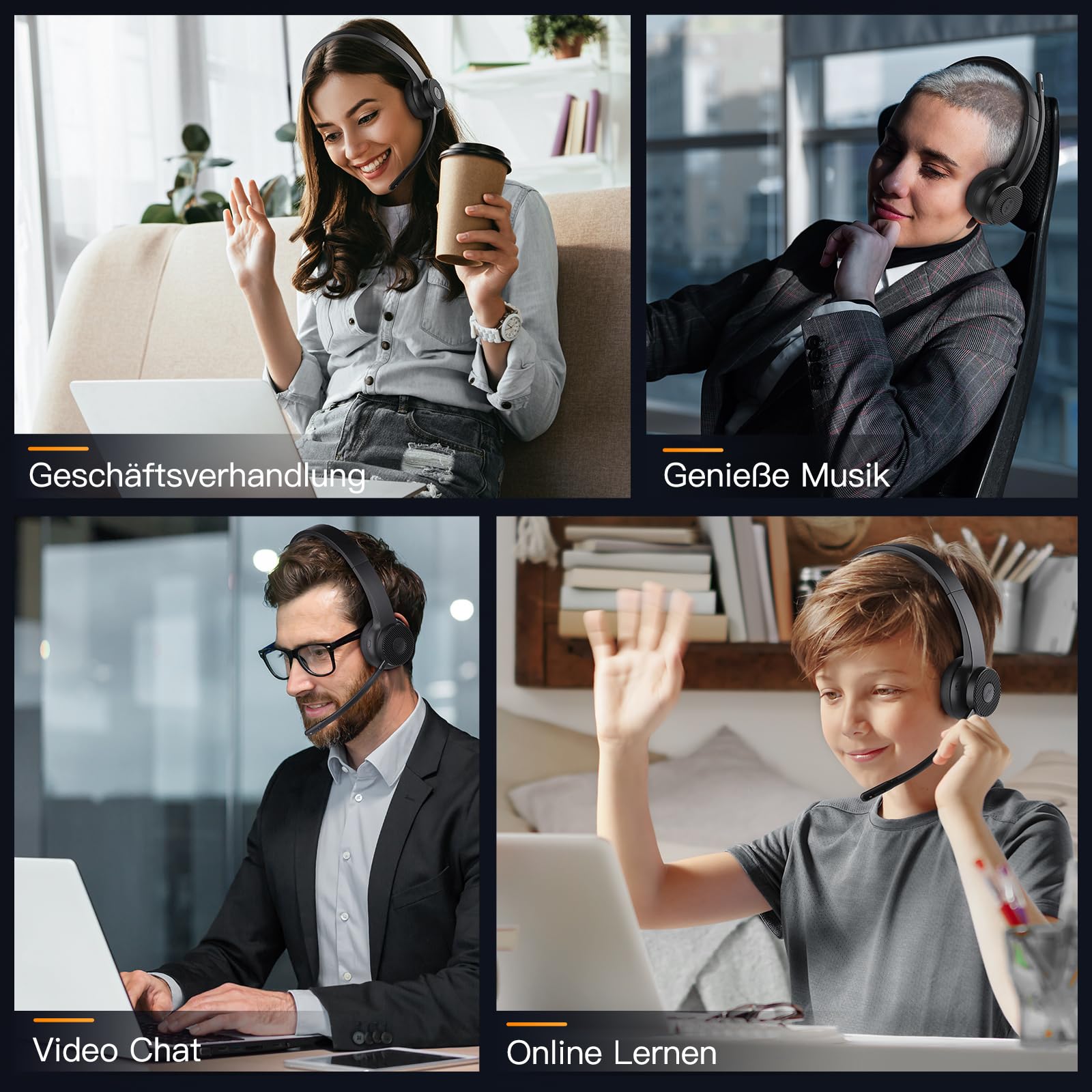EKSA H16 Wireless Headset, Bluetooth 5.2 Headset mit Mikrofon & USB Dongle [Bis zu 55 Stdn & 15 Meter Reichweite] Kopfhörer Kabellos mit AI Noise Cancelling Mic für PC Skype Zoom Laptop BüroTelefon